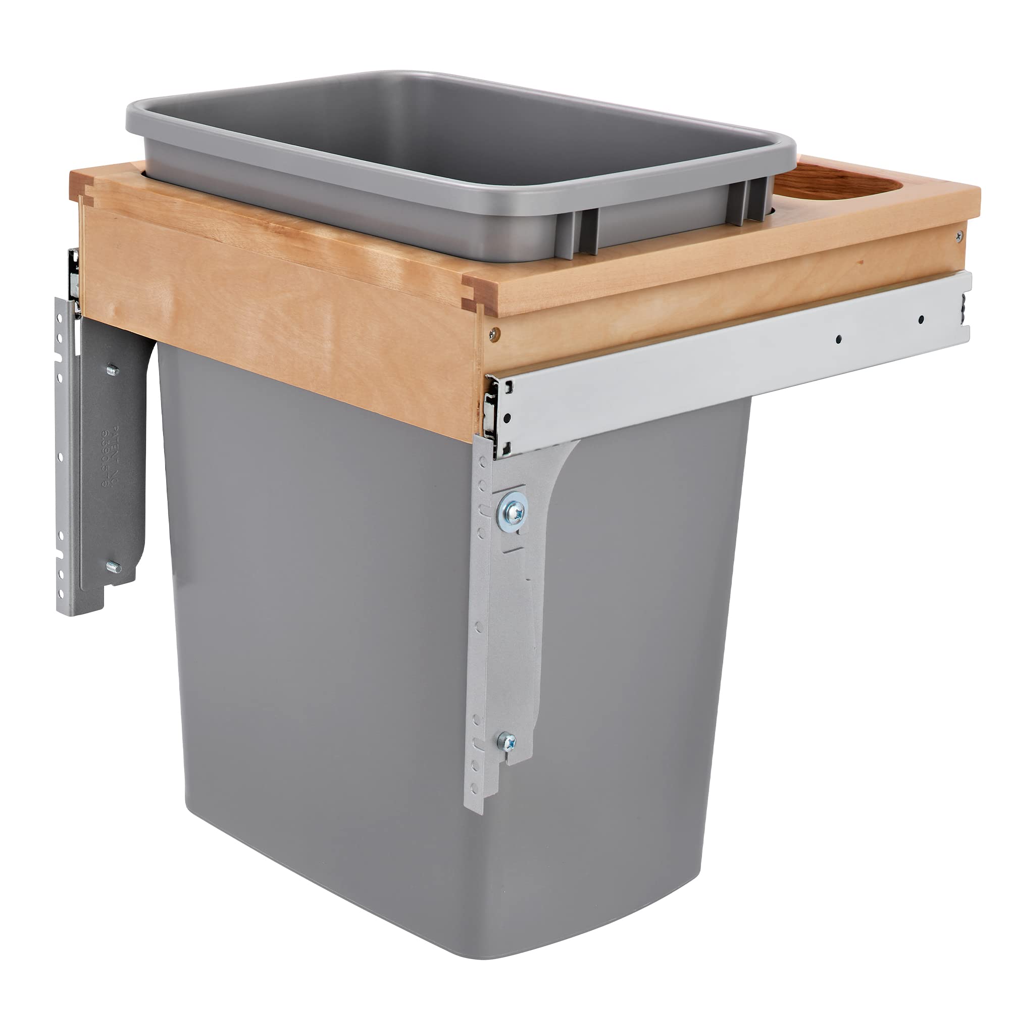 Rev-A-Shelf 35 Qt Pull-Out Trash Can with Wood Top - Slim Depth Under-Cabinet Garbage Bin, 15