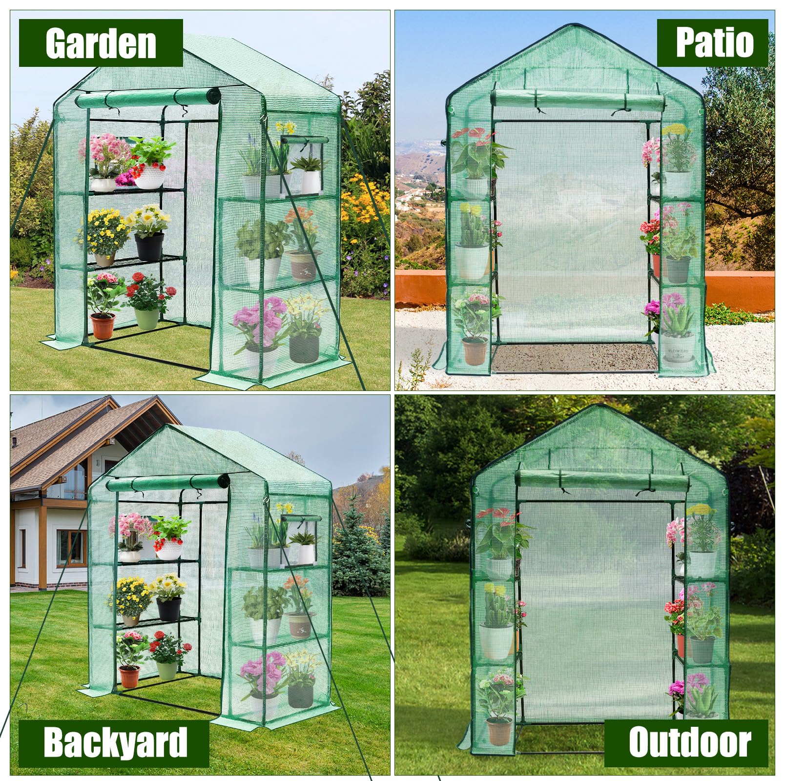 Greengro 28 x 57 x 76 Inch Outdoor Greenhouse with Screen Windows - 3 Tier 4 Shelf Small Plant House - Durable PE Cover & Plastic Walls for Indoor/Outdoor Gardening - Perfect for Herbs, Flowers & Seed Starting