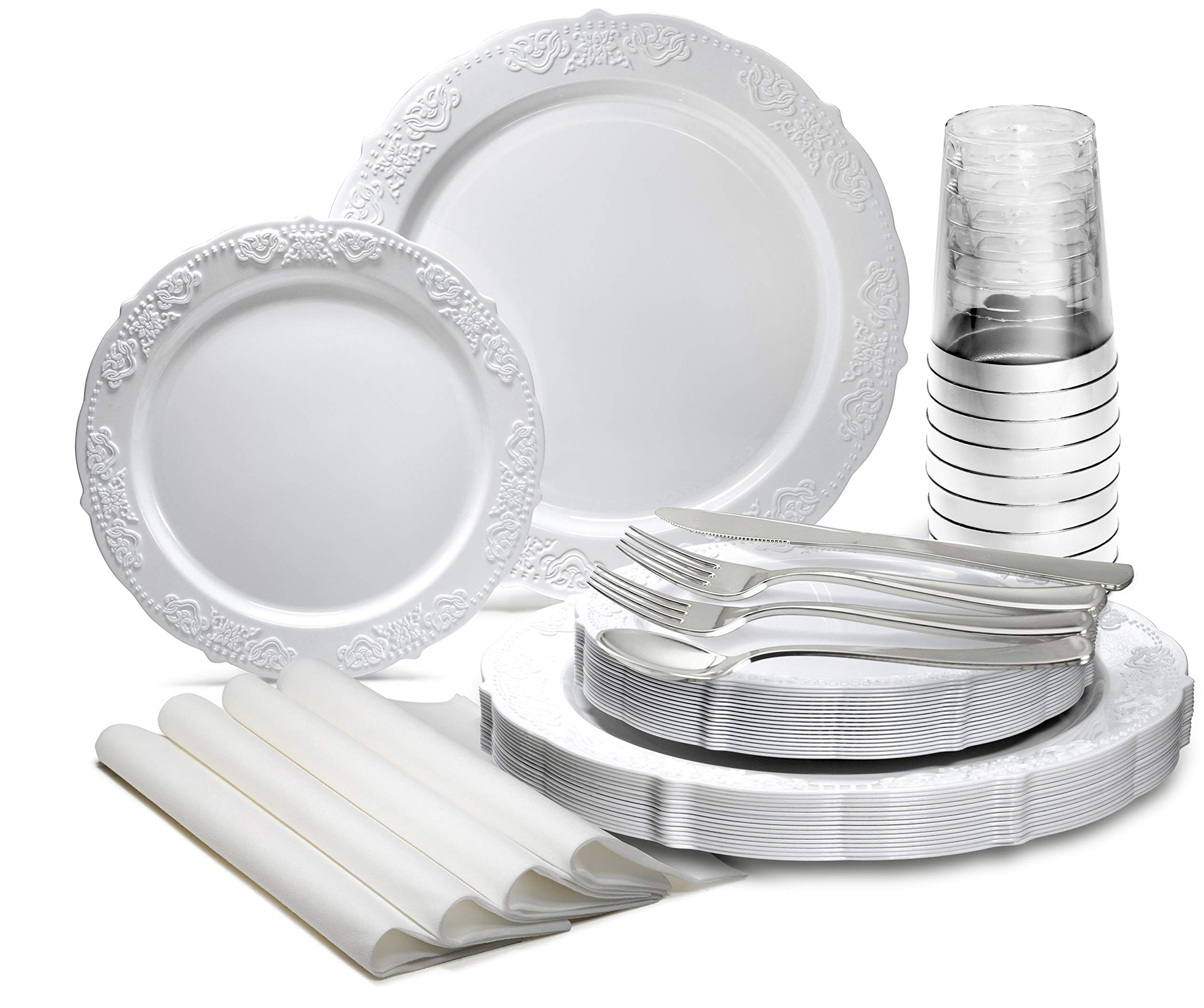 640-Piece Vintage Wedding Party Disposable Plastic Plates & Cutlery Set (80 Guests) - Includes 80x10.25'' Plates, 80x7.5'' Plates, Silverware, Cups & Napkins in Portofino Plain White - Perfect for Weddings, Bridal Showers & Large Gatherings