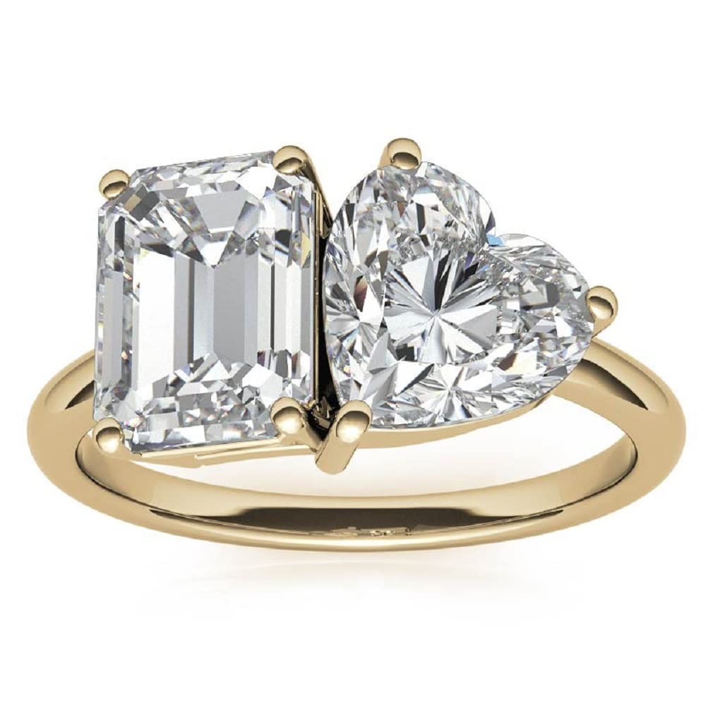 10K/14K/18K Solid Yellow Gold Moissanite Engagement Ring - 3 TCW Emerald & Heart Brilliant Cut Handmade Wedding Ring Set for Women - Solitaire Bridal Jewelry for Anniversary, Promise Gifts - Perfect for Proposals, Weddings & Special Occasions