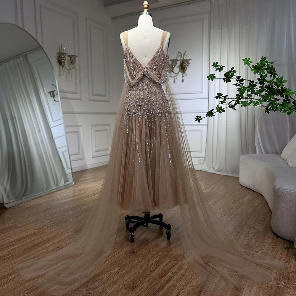 Luxury Dubai Arabic Nude A-Line Midi Strapless Beaded Evening Dress Gown for Women - Wedding, Party, Prom, Formal Occasions LA71911