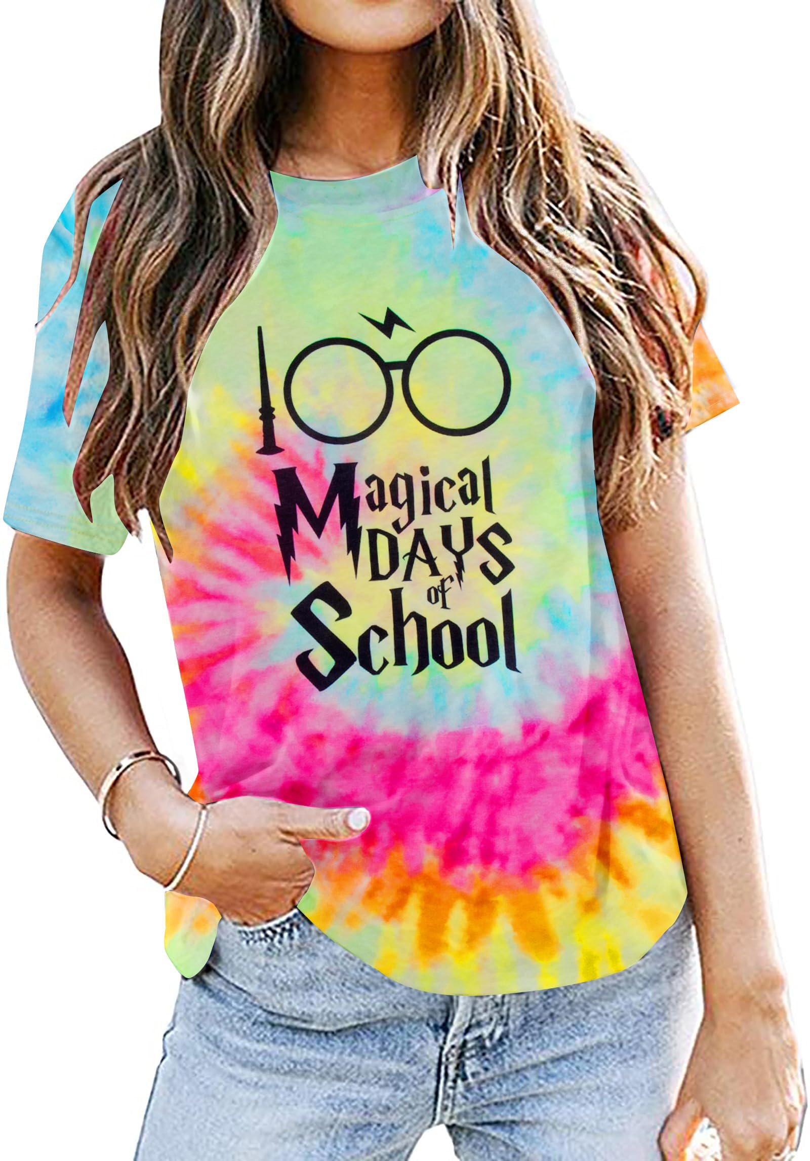 100 Days of School Teacher Shirt for Women - Magical Glasses Graphic Tee, Casual Tie Dye Short Sleeve Top - Perfect for School Celebrations, Teacher Appreciation & Fun Classroom Activities