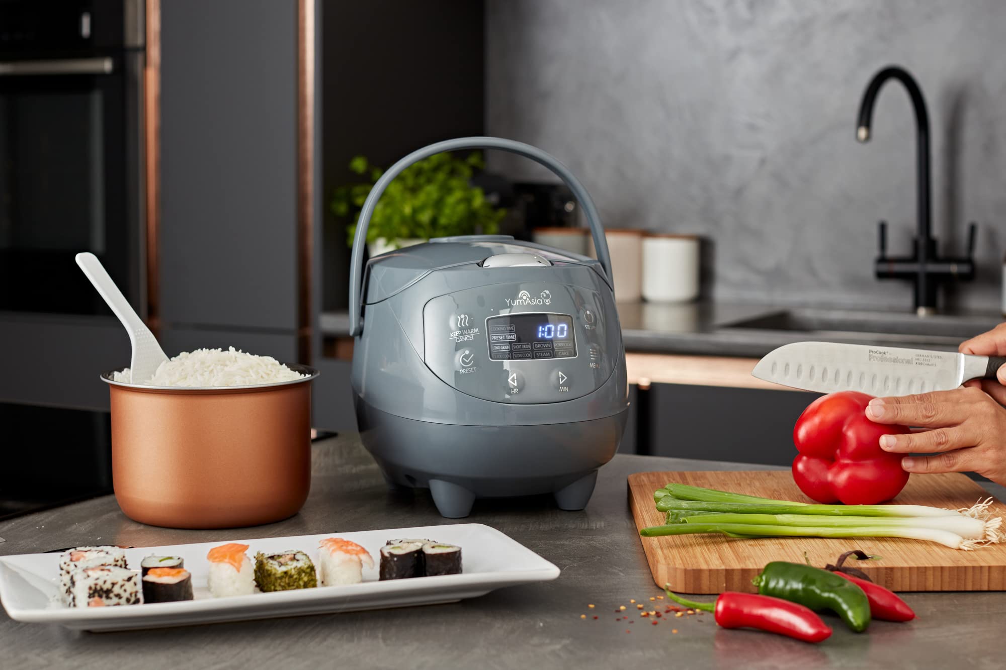 Yum Asia Panda Mini Rice Cooker with Ceramic Bowl - 3.5 Cup (0.63L) Fuzzy Logic Rice Cooker | 4 Cooking Modes + 4 Multicooker Functions | LED Display | 220-240V | Perfect for Dorms, Small Kitchens & Travel (Cobalt Grey)