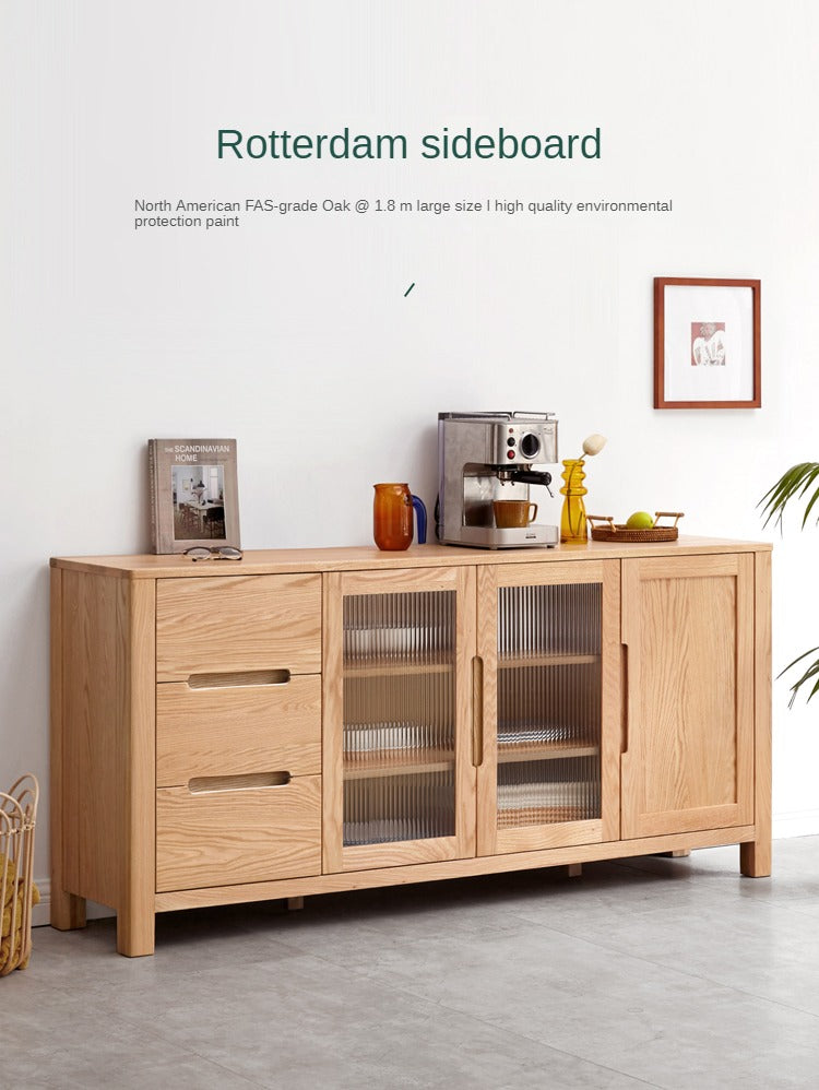 Solid Oak Wood Sideboard Buffet Cabinet - Rustic Farmhouse Dining Room Storage Furniture for Home Decor & Entertaining