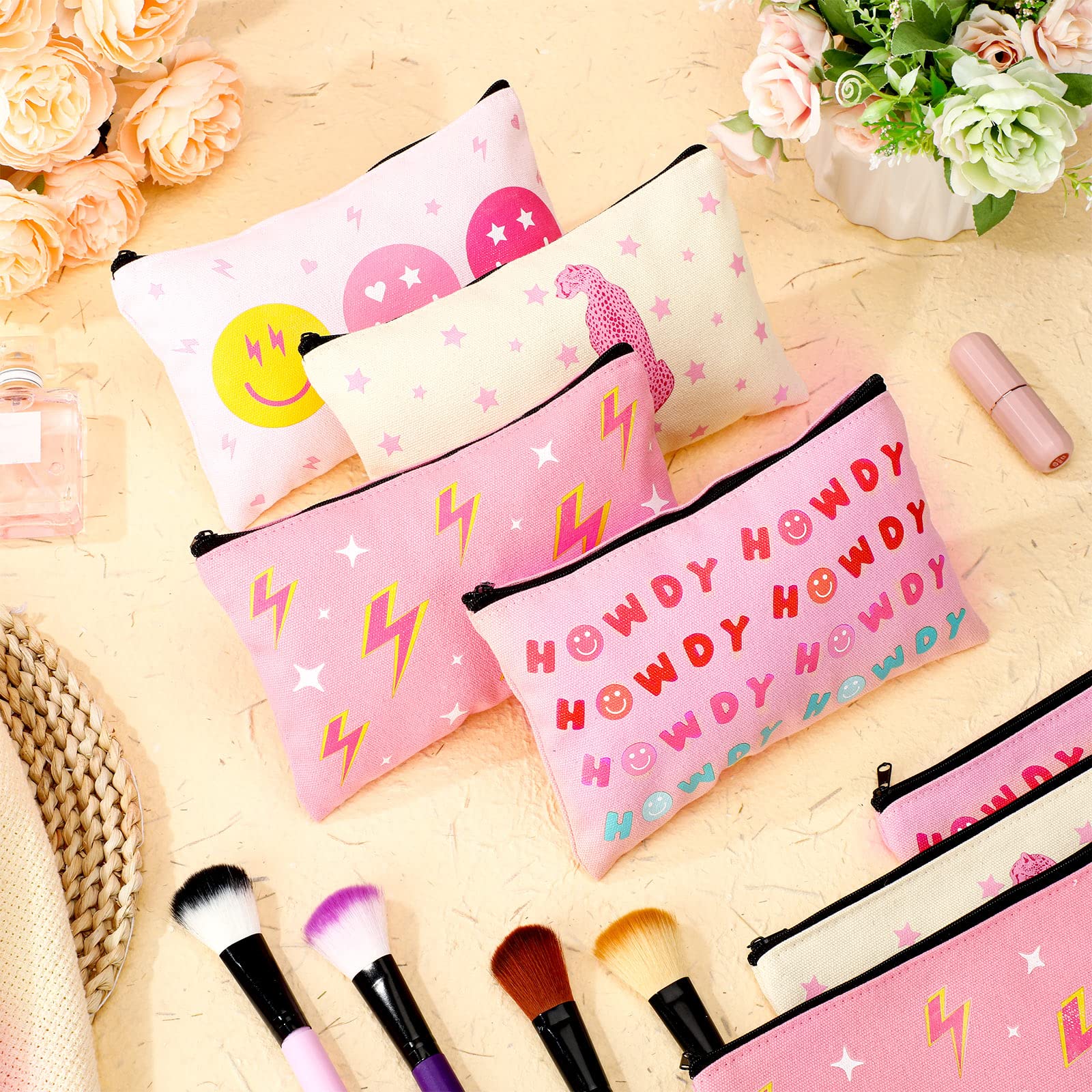 12 Pack Pink Preppy Makeup Bags | Cute Smile Leopard Toiletry Pouches | Travel Cosmetic Organizer for Women | Perfect Spring Gift & Travel Accessories | Great for College, Gym & Vacation Essentials