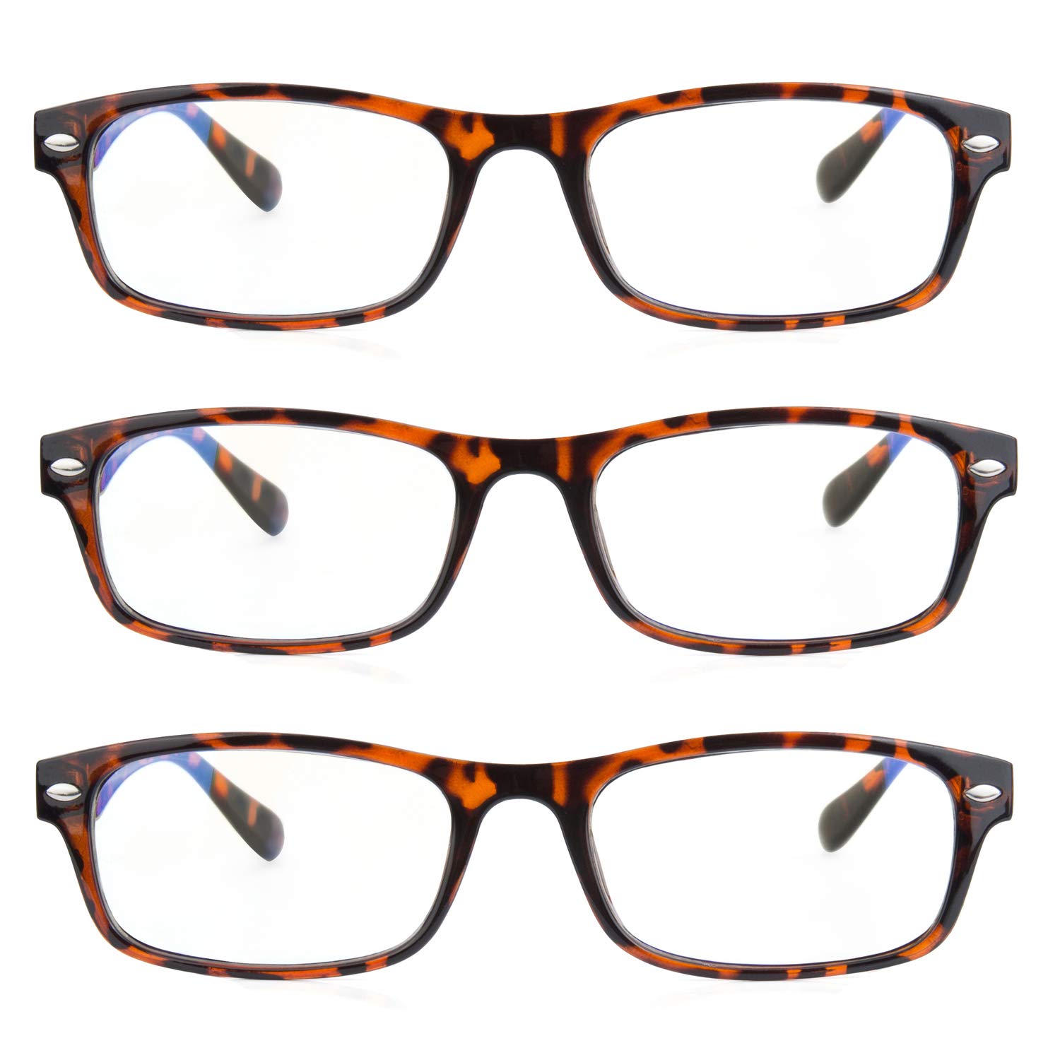 3 Pack Blue Light Blocking Glasses - Anti UV Reading Glasses with Rectangular Plastic Frame for Computer, Gaming & Office Use
