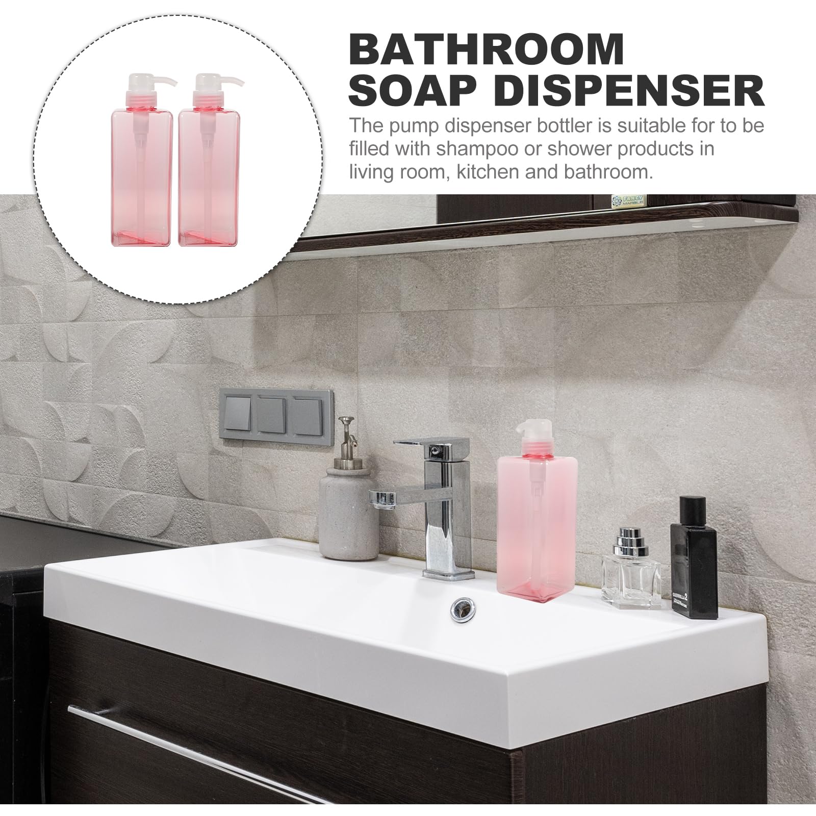 DOITOOL 2PCS 650ML Refillable Pump Dispenser Bottles - Square Lotion Bottle for Shampoo, Body Wash & Hand Soap - Large Capacity Portable Dispenser for Home, Hotel & Travel (Pink) - Perfect for Bathroom, Kitchen & Guest Essentials