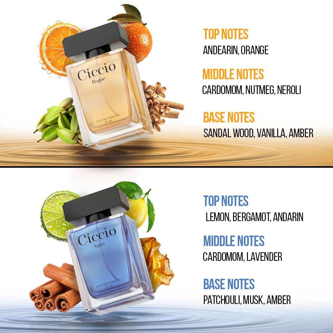 Premium Long-Lasting Luxury Fragrance for Men - Ciccio Aqua & Rogue Eau De Perfume with Citrus Notes of Lemon, Mandarin, Orange & Lavender | 2-Pack (50ml Each) | Perfect for Daily Wear, Office & Special Occasions