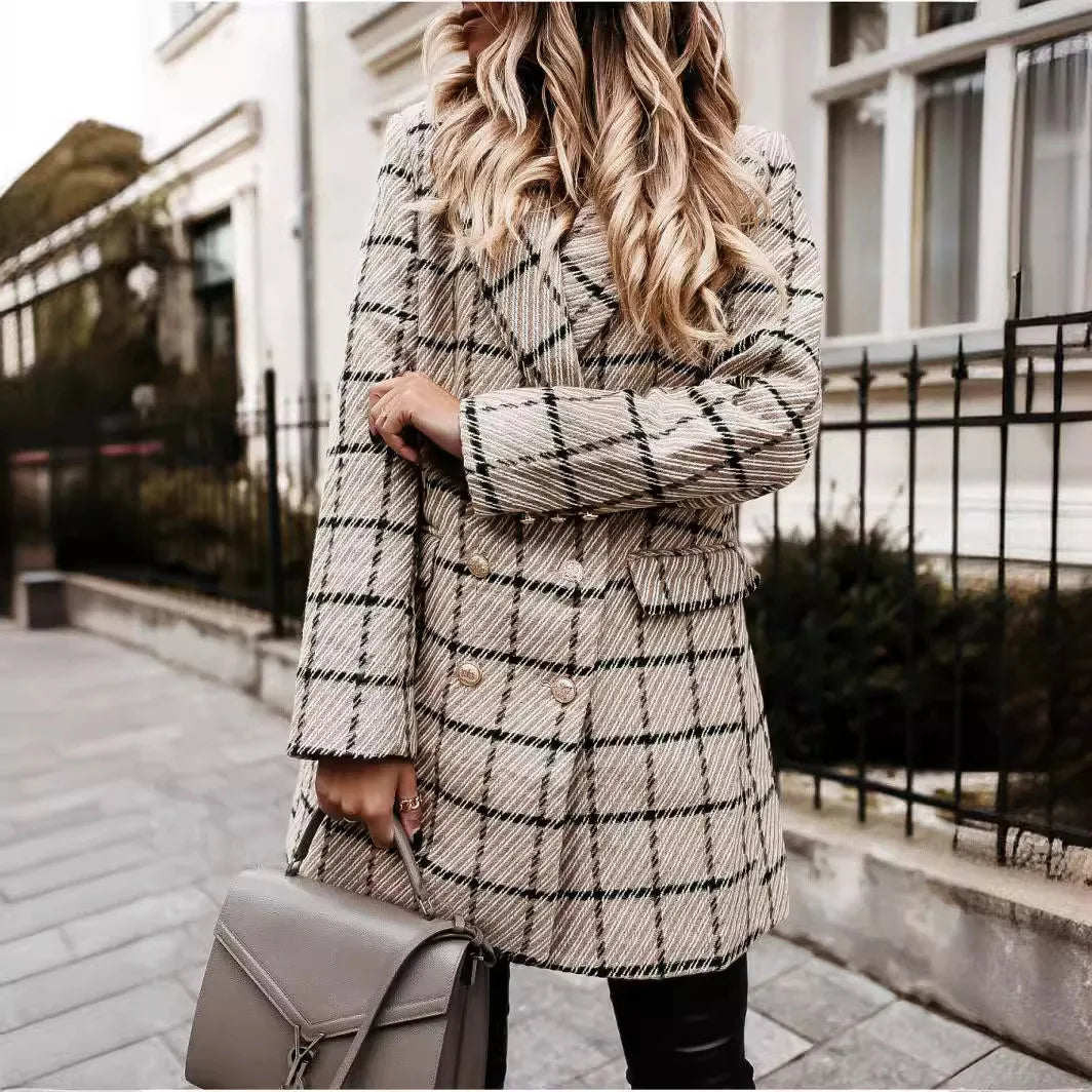 Elegant Women's Long Sleeve Wool Plaid Patchwork Blazer Coat - Retro Winter Windbreaker for Office, Dating & Fall Fashion