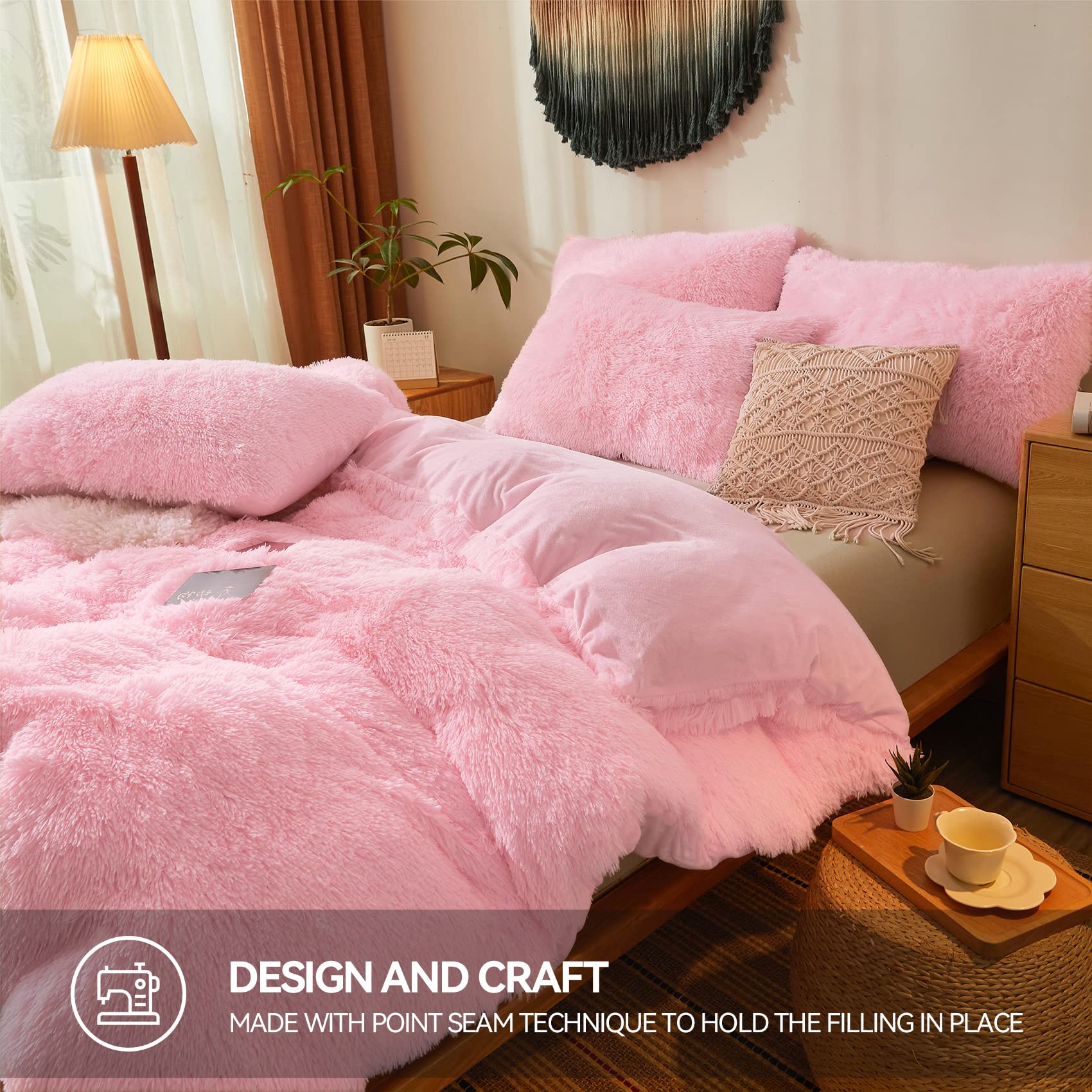 Befunny Fluffy Queen Comforter Set - 3pc Faux Fur Bedding with Plush Comforter & 2 Fuzzy Pillowcases, Shaggy Pink Luxury Bedding for Cozy Winter Nights & Stylish Bedroom Decor