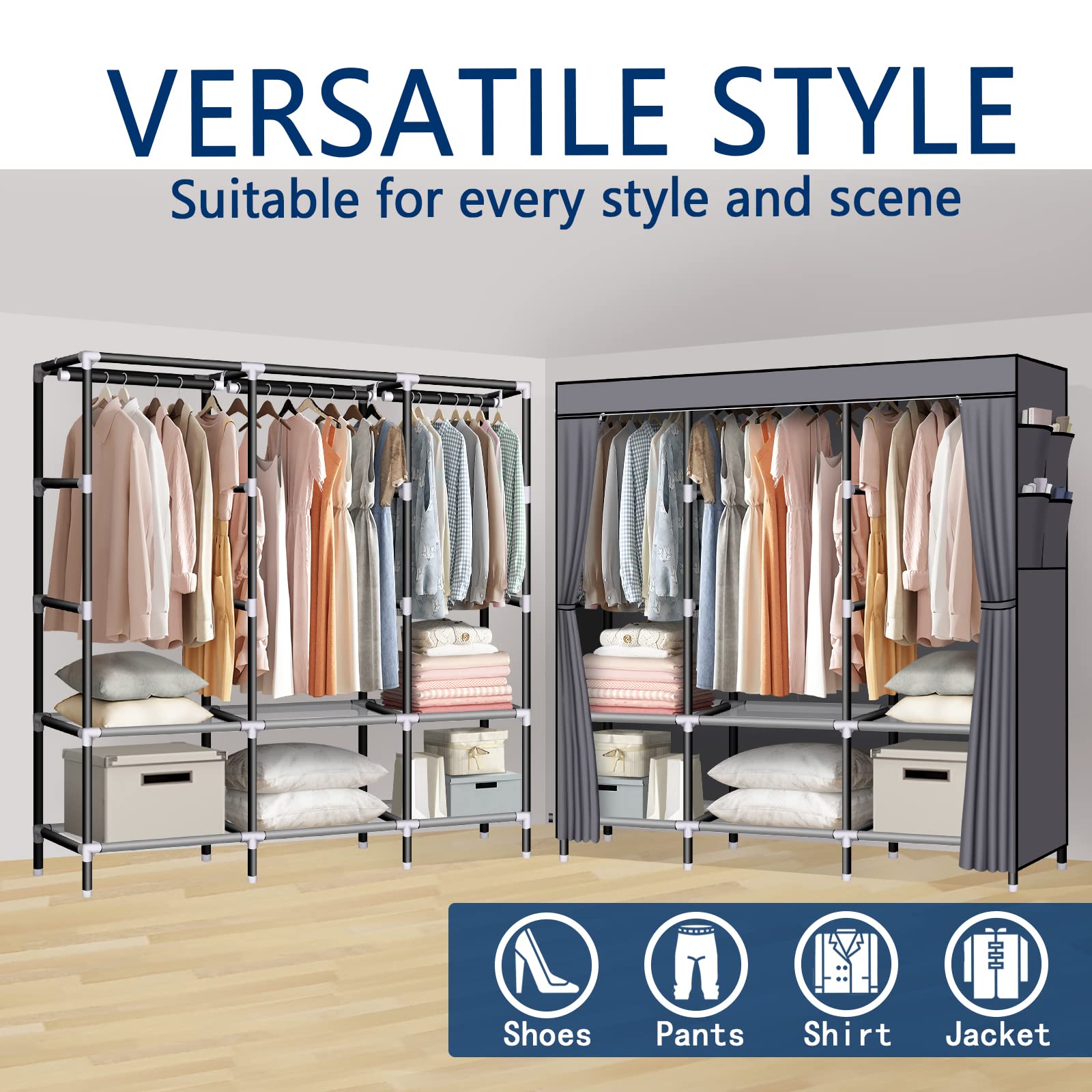 LOKEME 61-Inch Portable Closet Wardrobe with 3 Hanging Rods & 6 Shelves, Non-Woven Fabric Freestanding Closet Organizer for Bedroom, Closet, Dorm, Travel - Easy Assembly with Side Pockets (Grey) | Perfect for Small Spaces, Temporary Storage & Seasonal Clothing Organization
