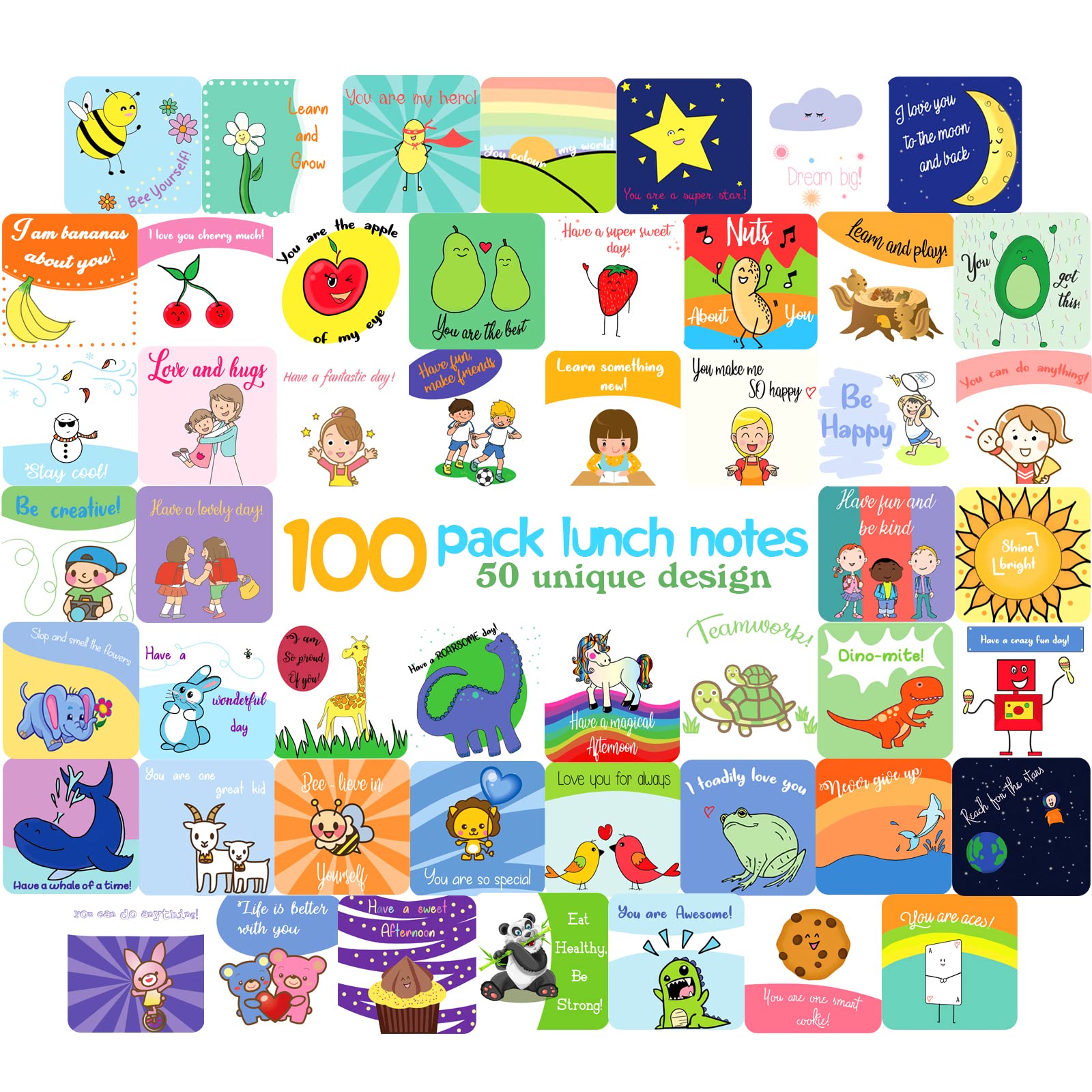 ShyLizard 100 Pack Inspirational Lunch Box Notes for Kids - Motivational Affirmation Cards for Kindergarten Boys & Girls - Back to School Encouragement Cards for Daily Lunchbox Surprises & Parent-Child Bonding