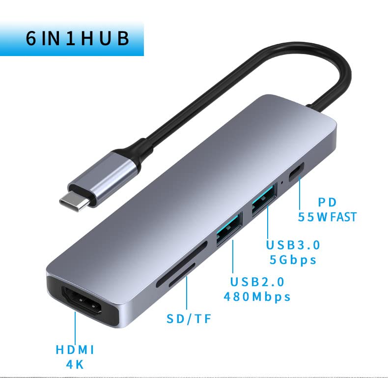 6-in-1 USB C Hub with 4K HDMI, USB 3.0 Ports & Power Delivery - Multi-Port Adapter for MacBook Pro/Air, iPad, Laptop & USB-C Devices | Ideal for Home Office, Travel & Video Conferencing
