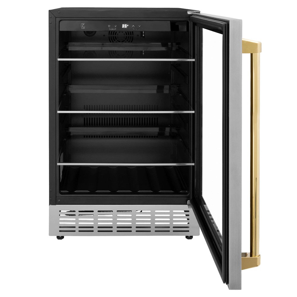 ZLINE Autograph Edition 24 Inch Stainless Steel Beverage Cooler with Polished Gold Accents - 154 Can Capacity (RBVZ US 24 G) | Perfect for Home Bars, Man Caves, and Entertaining Guests