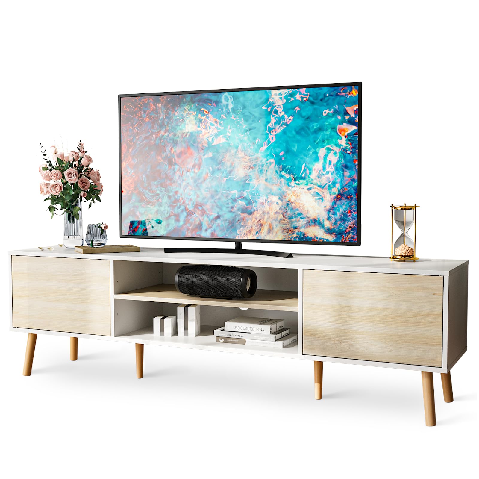 75 Inch TV Stand with Storage - Wooden Media Console Entertainment Center, 2 Cabinet Design, White & Oak Finish - Perfect for Living Room & Bedroom Furniture Organization