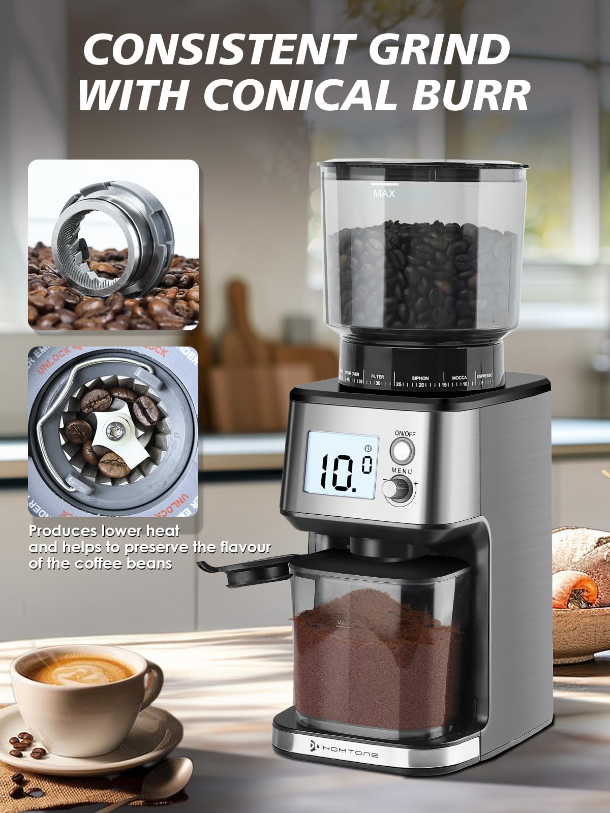Premium Electric Coffee Grinder with Conical Burr - 51 Precise Settings, Anti-Static Design, Digital Display for Espresso & Drip Coffee - Perfect for Home Baristas & Coffee Enthusiasts (120V, 2-12 Cup Capacity) - Ideal for Morning Brews, Office Use & Entertaining Guests