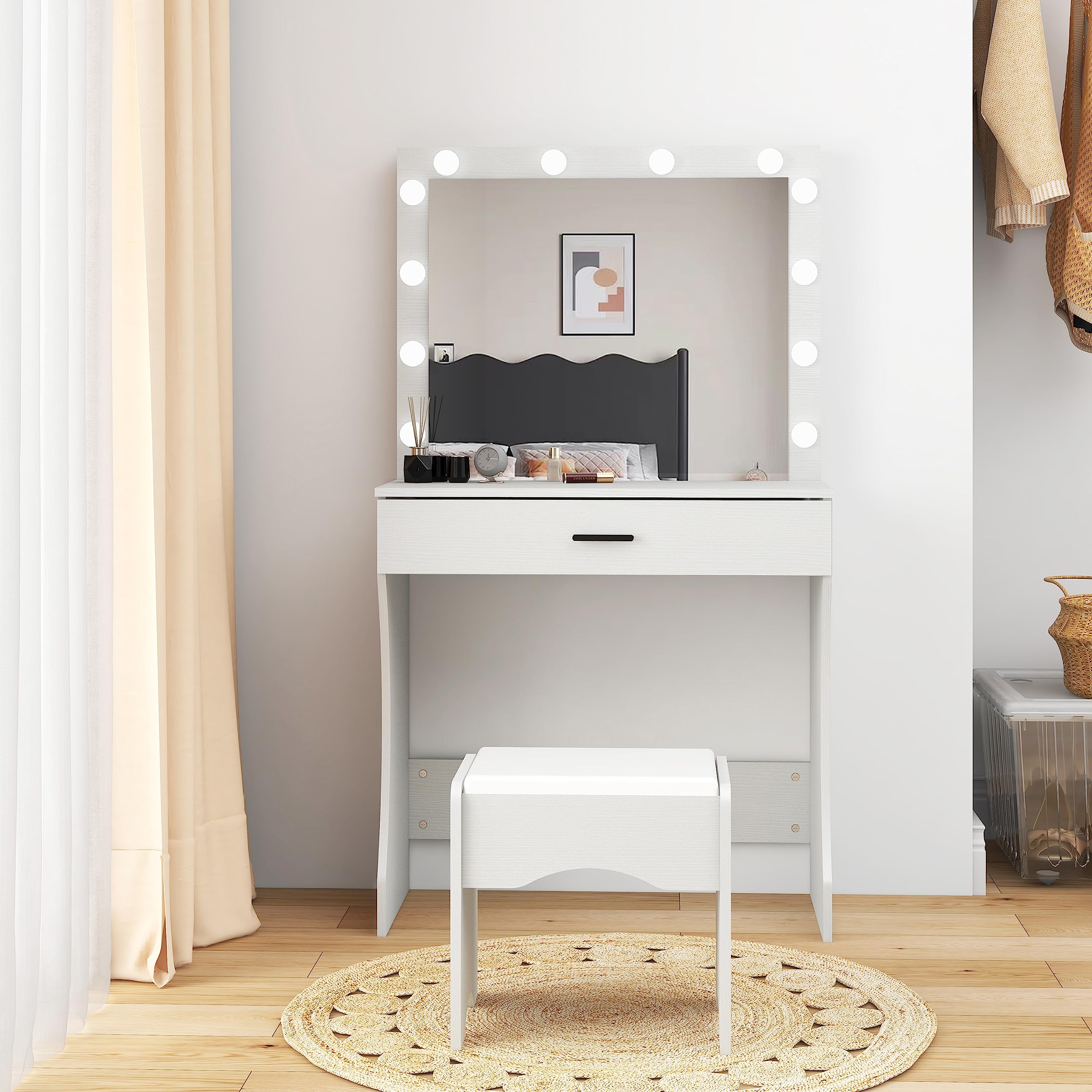 Vanity Desk with Mirror & Adjustable LED Lights, White Makeup Table with Storage Drawer & Stool - Dressing Table for Bedroom, Perfect for Applying Makeup & Skincare Routine