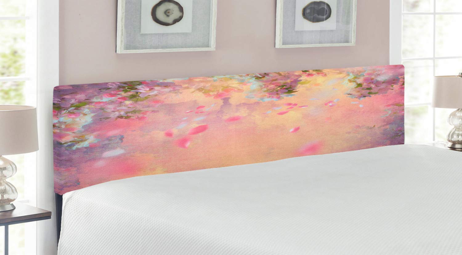 Ambesonne King Size Upholstered Headboard - Abstract Japanese Spring Floral Design with Memory Foam, Decorative Metal Bed Frame for Master Bedroom (Peach Lavender) | Perfect for Asian-Inspired Home Decor & Bedroom Makeovers