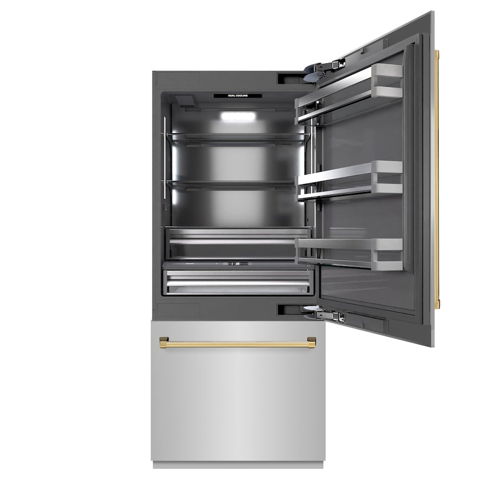 ZLINE Autograph Edition 36 Inch 19.8 cu ft Built-In Bottom Freezer Refrigerator with Water Dispenser & Ice Maker - Stainless Steel Exterior, Graphite Gray Interior & Polished Gold Accents (GRBITZ 304 36G) - Perfect for Modern Kitchens & Luxury Homes