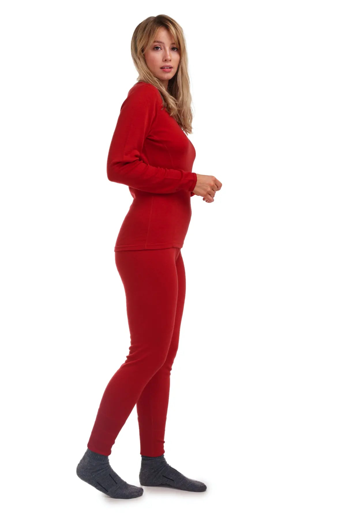 Women's Merino Wool Thermal Underwear Set - 250 GSM Warm Base Layer Top & Bottom in Cherry Red - Perfect for Winter Hiking, Skiing & Cold Weather Activities