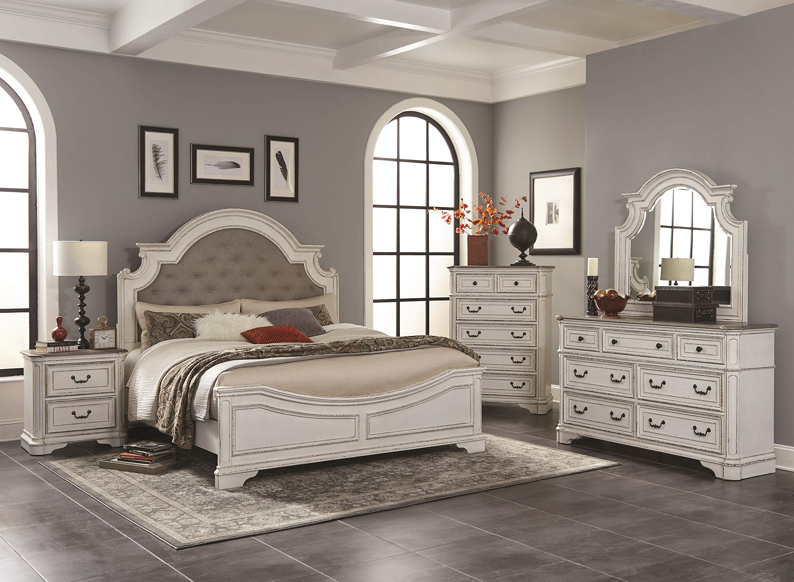 Roundhill Furniture Laval Wood Bedroom Set - Upholstered Queen Bed, Dresser, Mirror, Nightstand & Chest in Antique White & Oak | Complete Bedroom Decor for Master Suite, Guest Room or Apartment