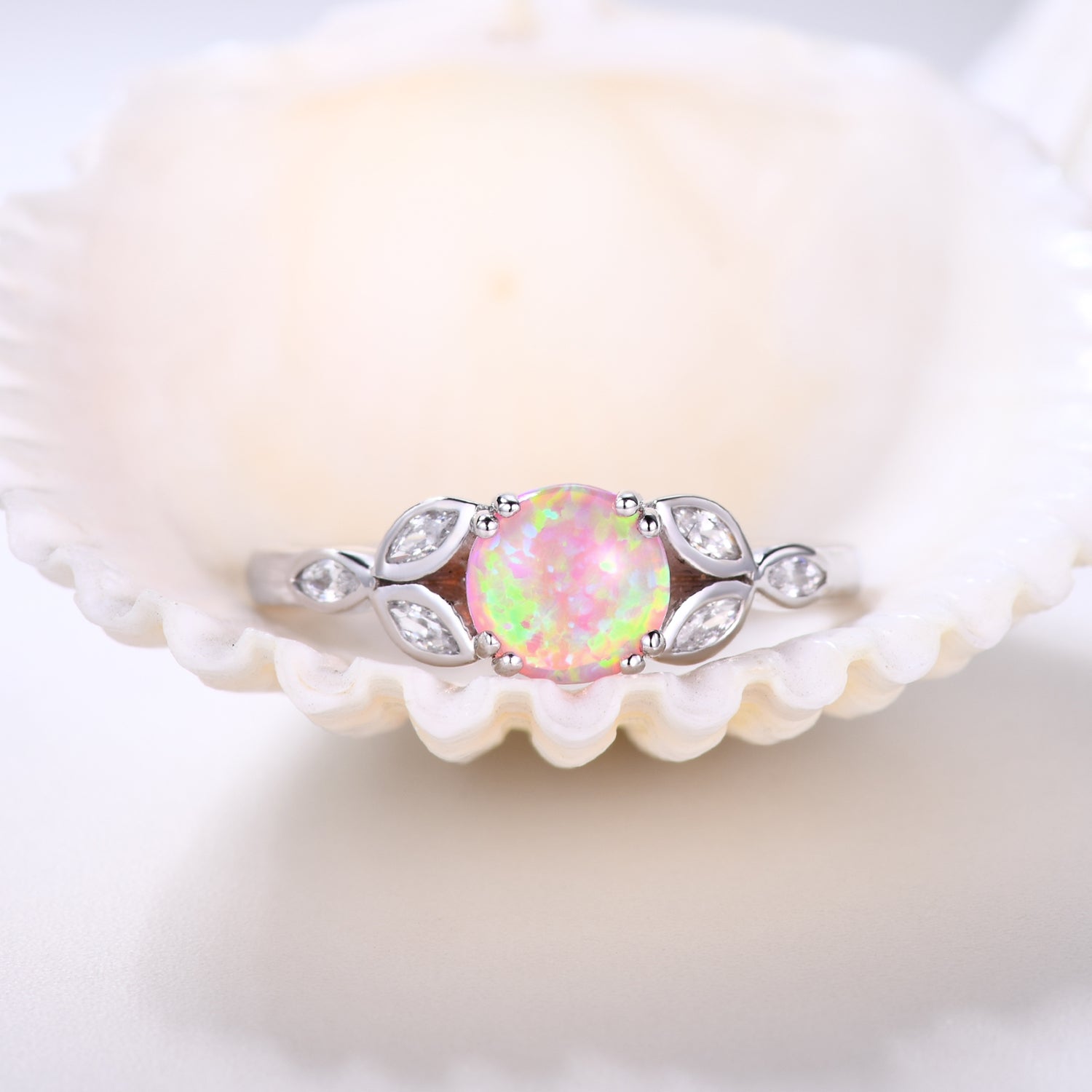 Seven Stones Pink Opal & Marquise Moissanite Engagement Ring in 14K White Gold - Perfect for Proposals, Anniversaries & Bridal Jewelry