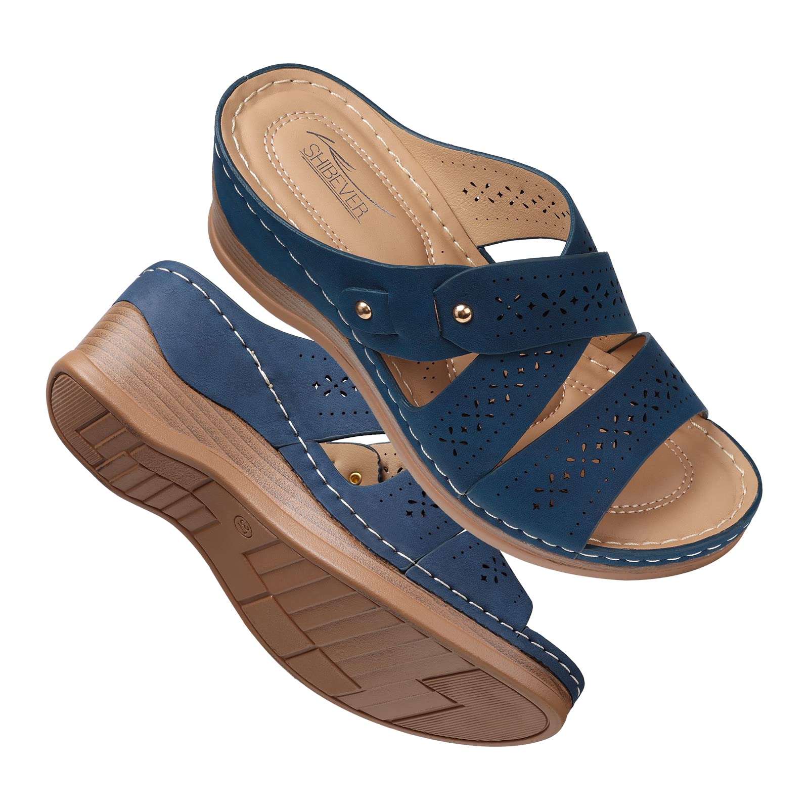 SHIBEVER Women's Wedge Sandals - Summer Bohemian Hollow Out Slip On Flats with Platform Heel for Women | Dressy Casual Shoes for Beach, Vacation & Outdoor Wear