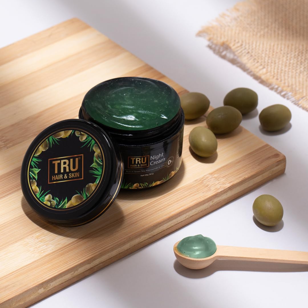 TRU HAIR & SKIN Green Tea & Niacinamide Night Cream for Acne Prone Skin - 50g | Fades Acne & Dark Spots | Hydrating Anti-Aging Face Moisturizer | Perfect for Nighttime Skincare Routine