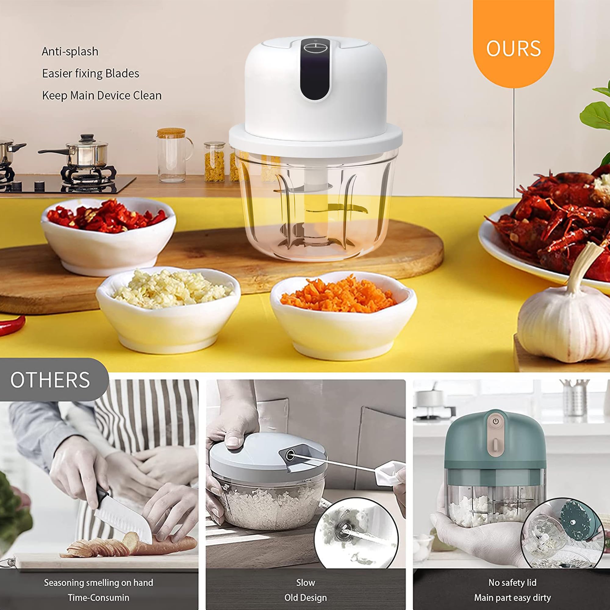 350ML Electric Garlic Chopper & Vegetable Chopper - Cordless Food Processor for Ginger, Onion, Chili, Fruit, Meat, Spices - Portable Blender for Kitchen, Camping & Meal Prep (BPA-Free)