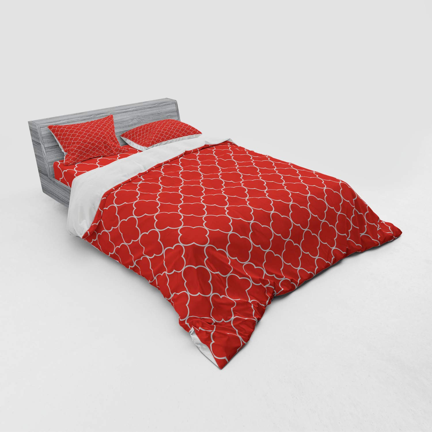 Ambesonne Quatrefoil Duvet Cover Set - Oriental Royal Floral Petal Moroccan Print 4-Piece Bedding Set with Shams & Fitted Sheet, Queen Size, Vermilion White - Perfect for Bohemian & Moroccan Style Bedrooms, Guest Rooms & Master Suites