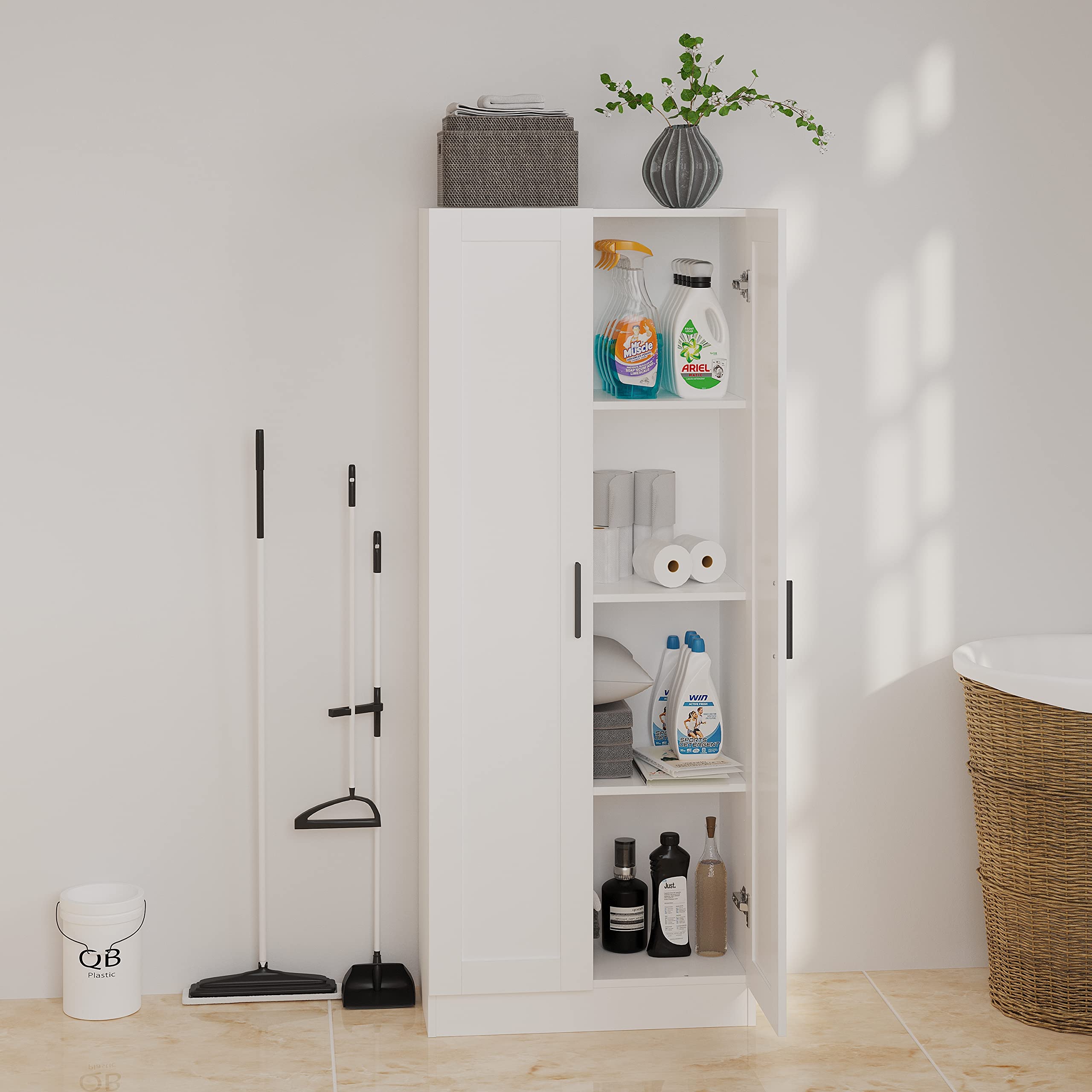 Panana White Wooden Storage Cabinet - 2 Door Narrow Pantry Cabinet with Adjustable Shelves, Freestanding Tall Kitchen Organizer for Spices, Dishes & Pantry Storage - Perfect for Small Spaces & Home Organization