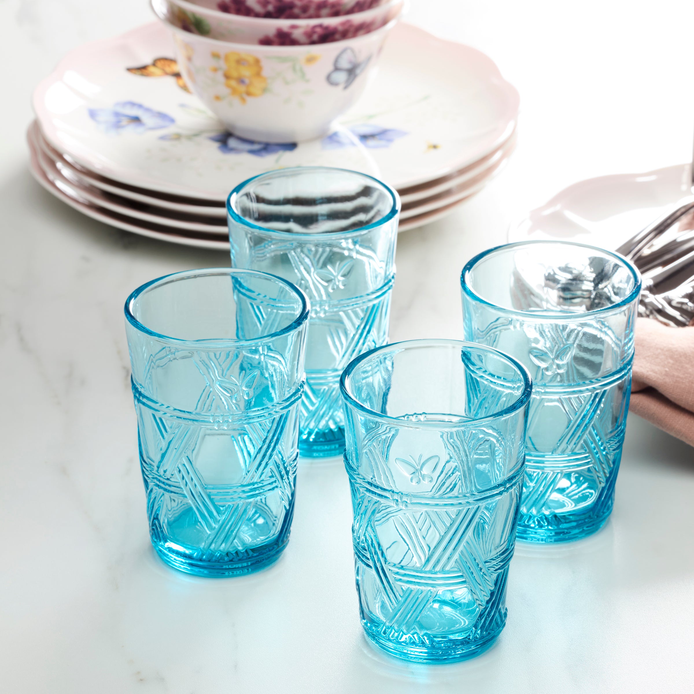 Butterfly Meadow Blue Tall Drinking Glasses Set of 4 - Elegant Glassware for Cocktails, Iced Tea & Home Decor