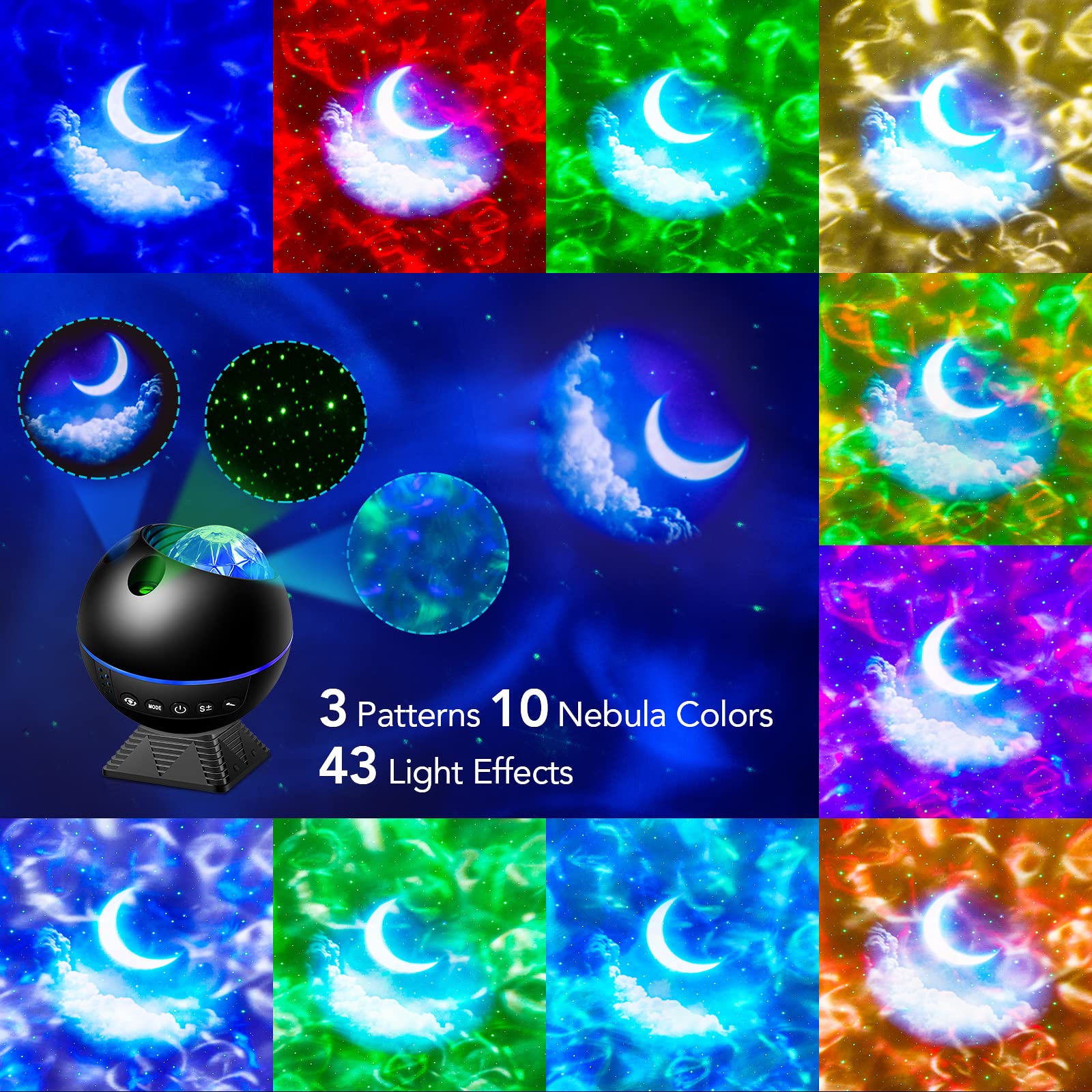 ONEFIRE Star Projector with 43 Lighting Modes - Kids Night Light with Remote Control & Timer, 360° Rotating LED Galaxy Projector for Bedroom, Nursery, and Relaxation