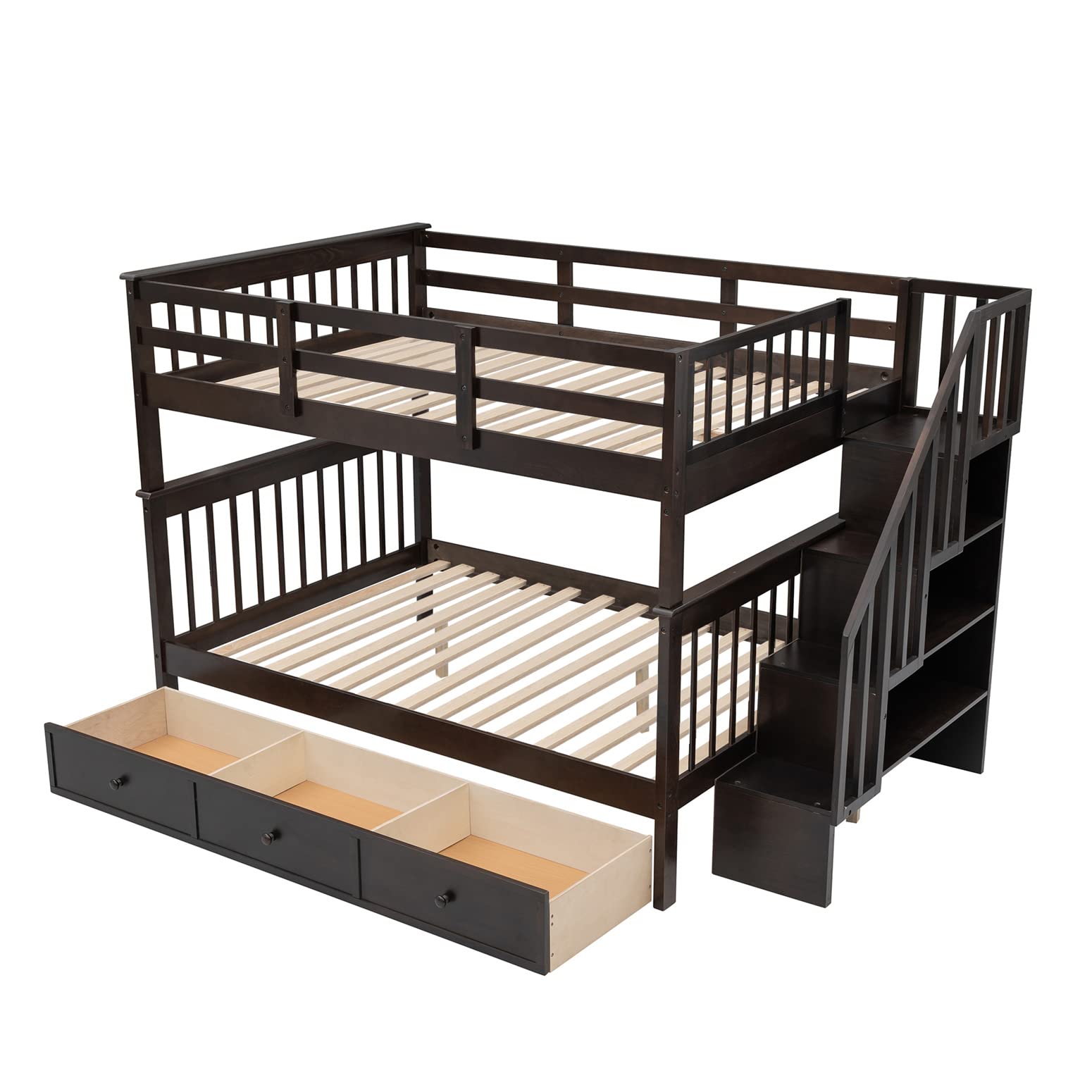 Full Over Full Bunk Bed with Stairs & Storage - Wood Frame for Kids/Adults - Space Saving Bedroom Solution