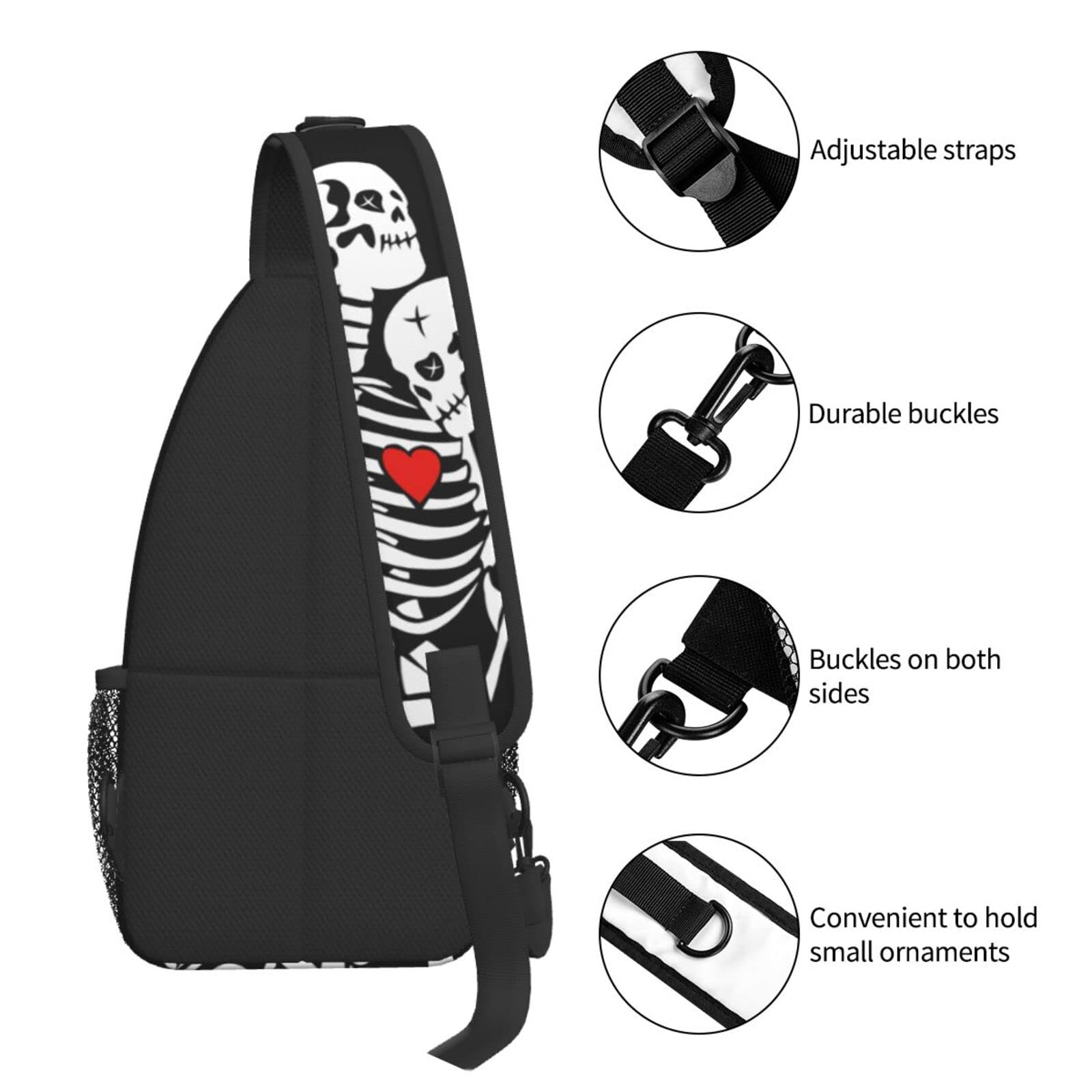 Skull Love Heart Crossbody Sling Bag for Women & Men - Lightweight Chest Shoulder Backpack for Hiking, Travel, Cycling & Outdoor Activities - Small Casual Daypack with Adjustable Strap