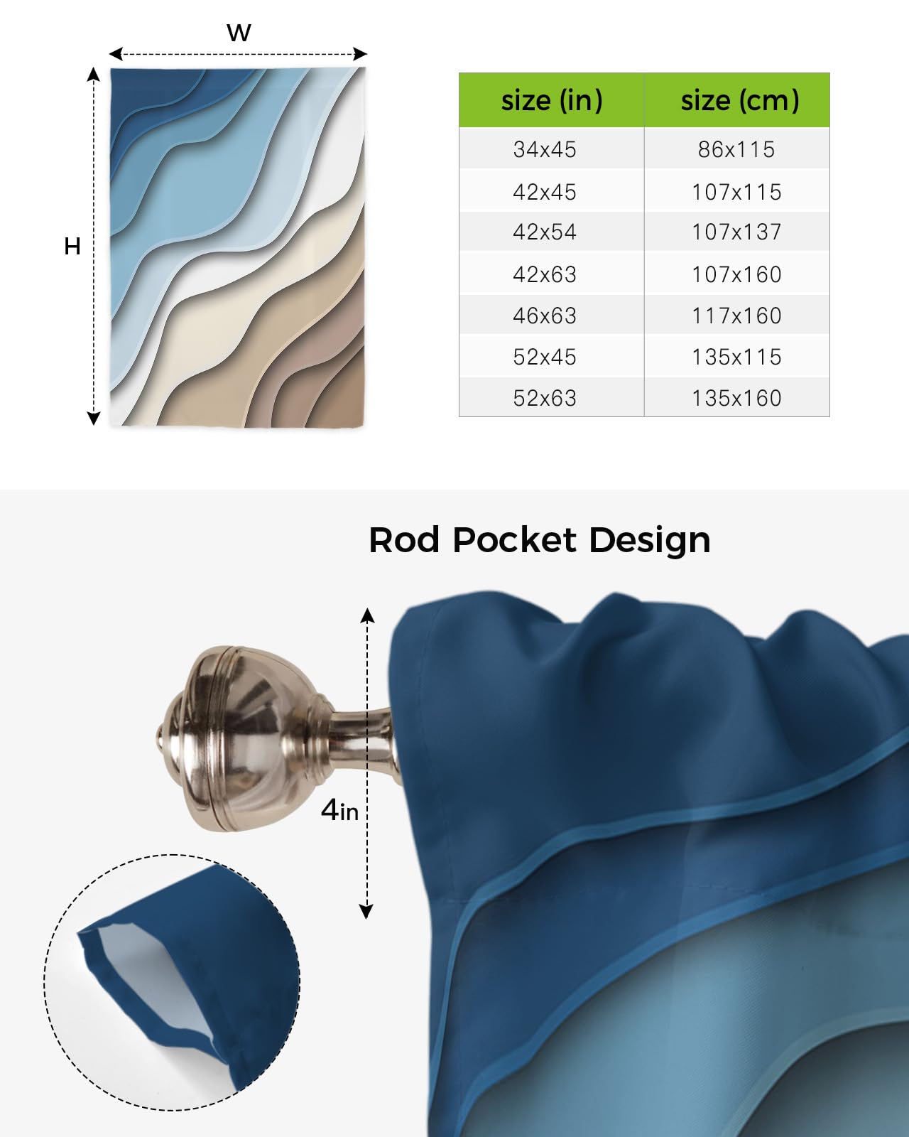 Modern Teal Blue Geometric Tie-Up Kitchen Curtains - Adjustable Balloon Shade with Stripe Pattern, Rod Pocket Drapes for Small Windows (42
