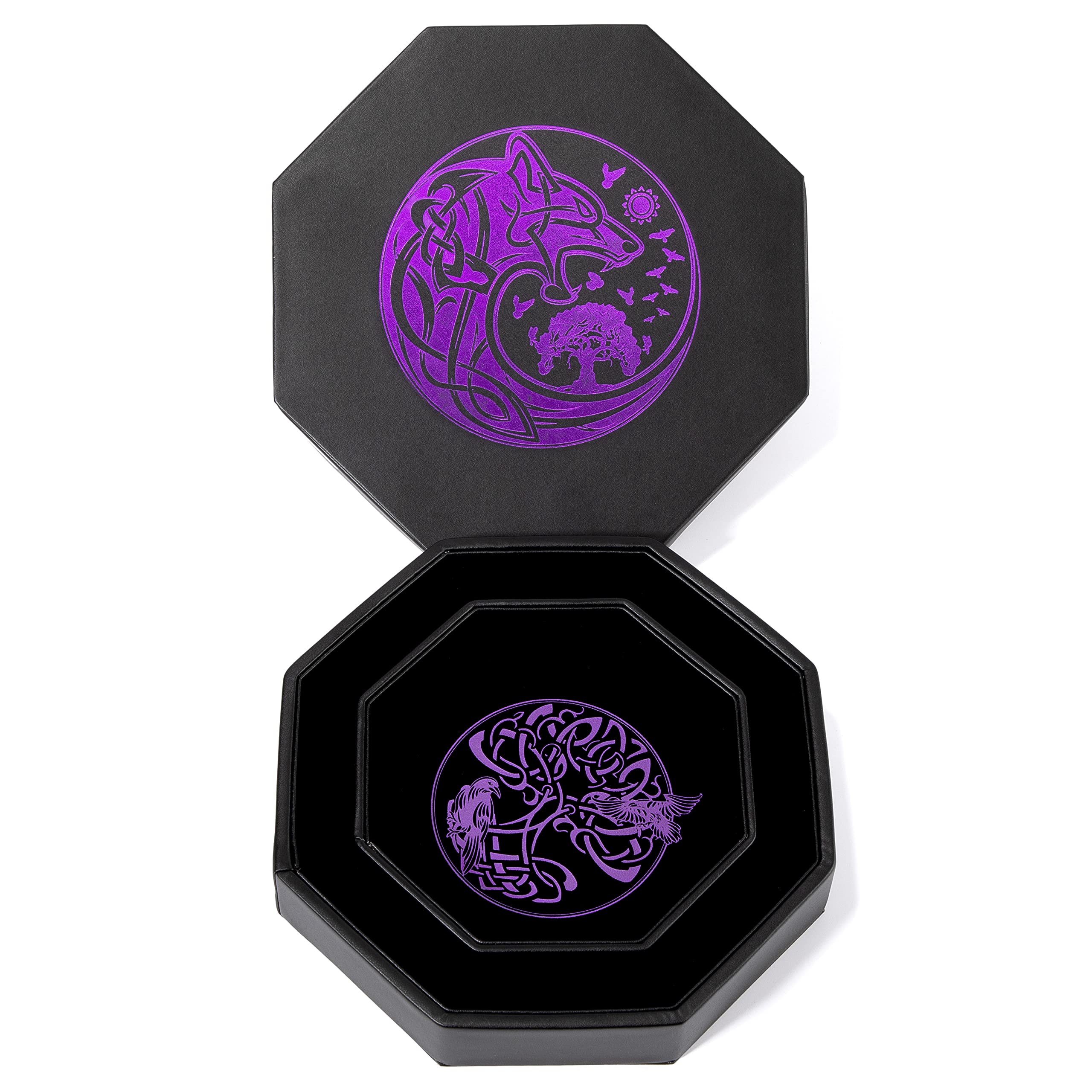 Premium 8 Inch DND Dice Tray for Dungeons & Dragons - Exquisite Purple World Tree & Wolf Raven Design - Dice Rolling Tray with Storage Box for RPG Tabletop Games - Perfect for D&D Sessions & Game Nights