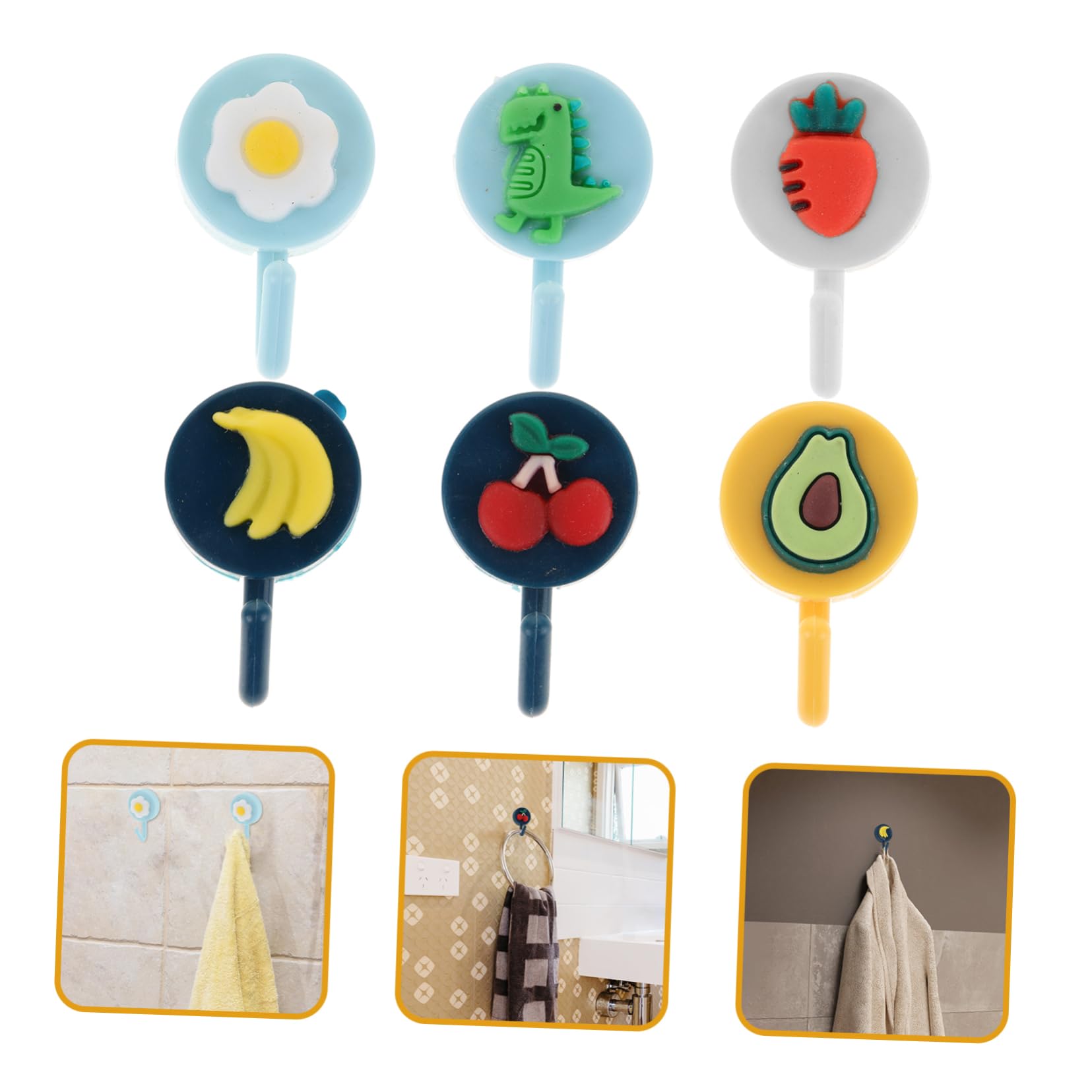 12 Pcs Cartoon Animal & Fruit Shaped Adhesive Wall Hooks - Reusable Key Holder, Clipper Blade Organizer, Kids Coat Hanger for Bedroom, Bathroom, Kitchen & Office Organization
