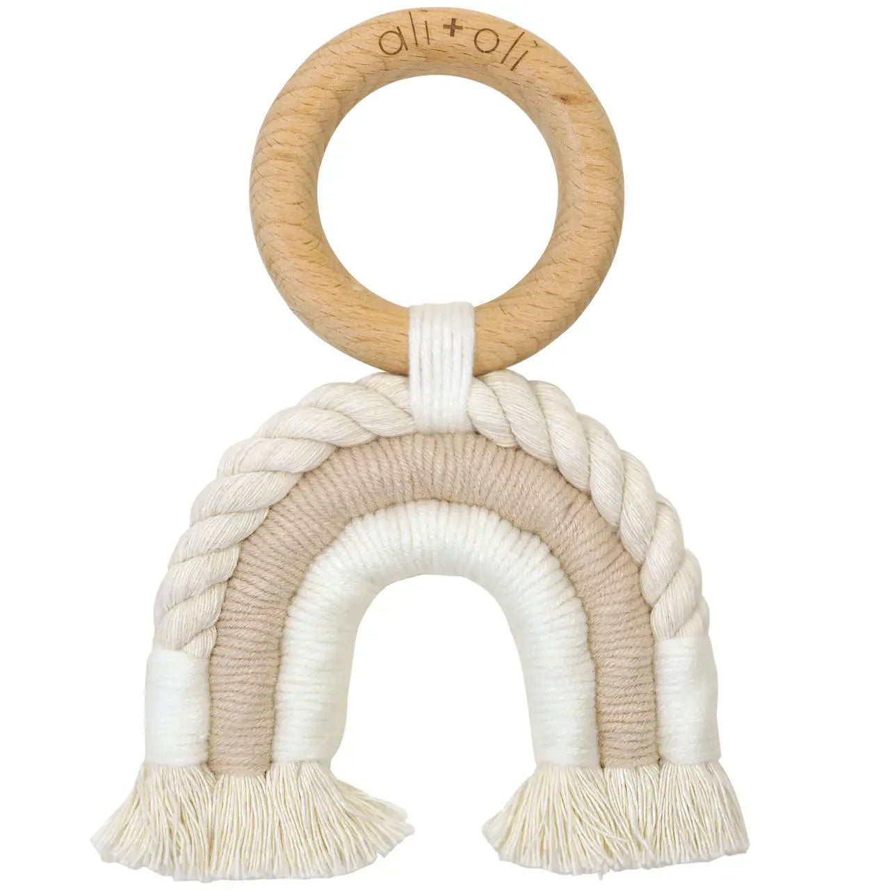 Ali+Oli Sand Mini Macrame Rainbow Teething Toy - Natural Wooden Baby Teether for Soothing Sore Gums | Perfect for Infants & Toddlers at Home or On-the-Go