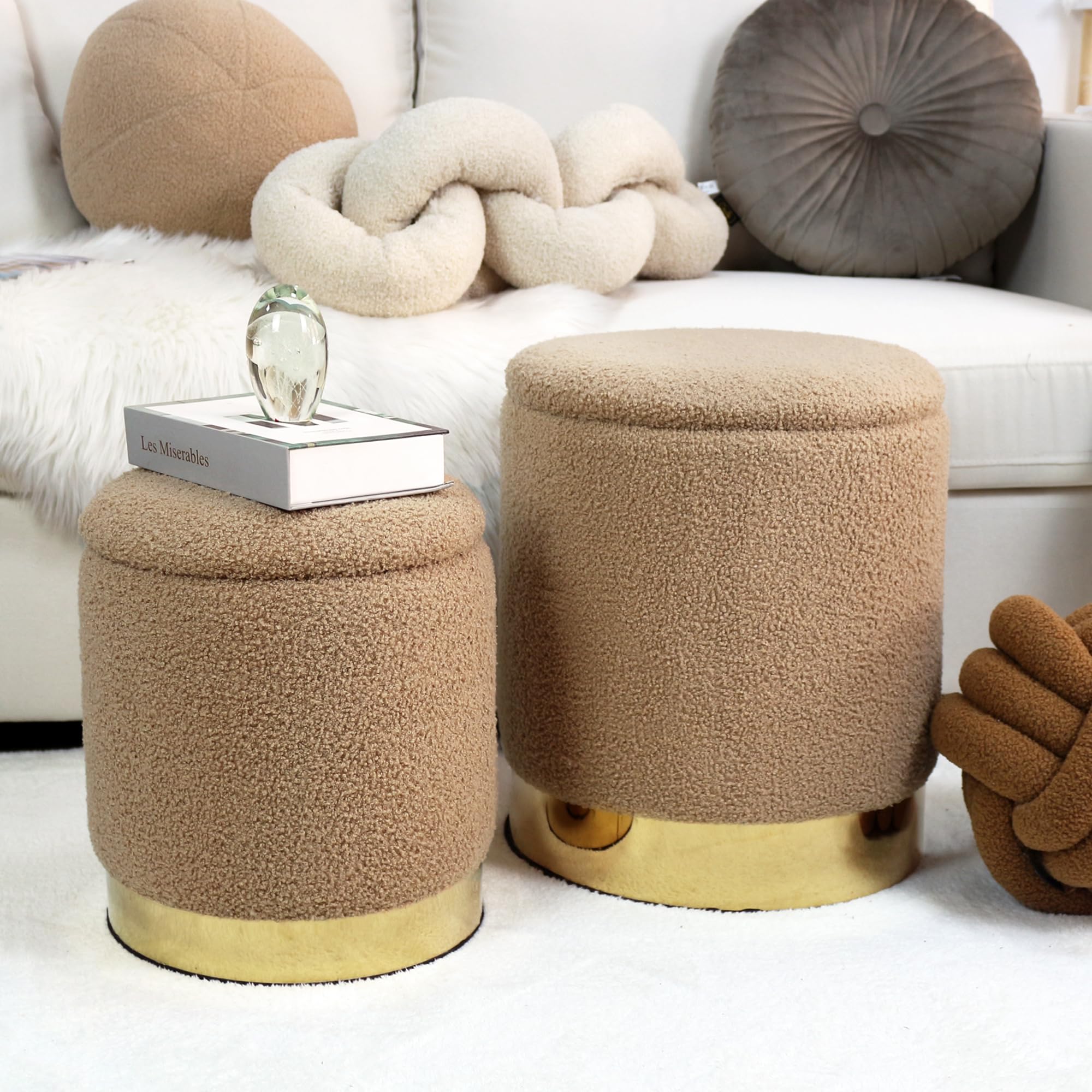 INSPI DECOR Set of 2 Round Storage Ottomans - Soft Teddy Fabric with Gold & Brown Finish, Multi-Purpose Footrest & Seat with Hidden Storage | Perfect for Living Room, Bedroom & Nursery Organization