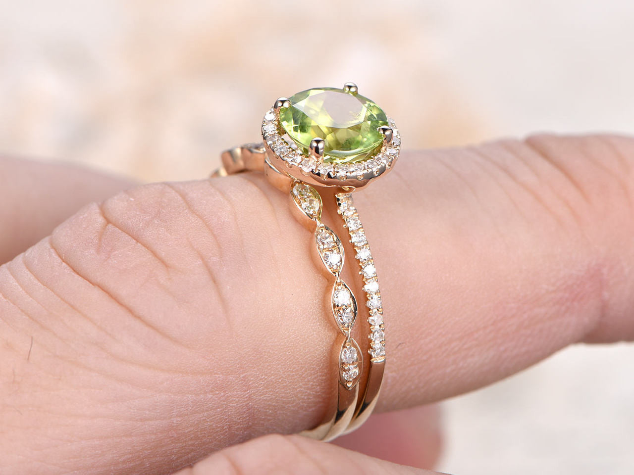 7mm Round Cut Peridot Engagement Ring Set with Diamond Wedding Band in 14K Yellow Gold - Perfect for Bridal Jewelry, Anniversary Gifts & Special Occasions