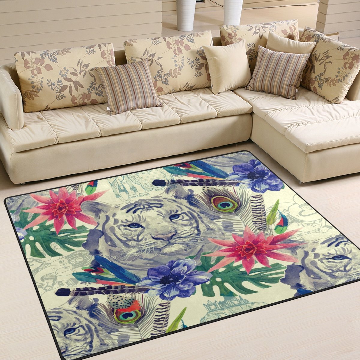 ALAZA Exotic Bohemian Tiger Palm Tree Peacock Feather Area Rug - 5'3