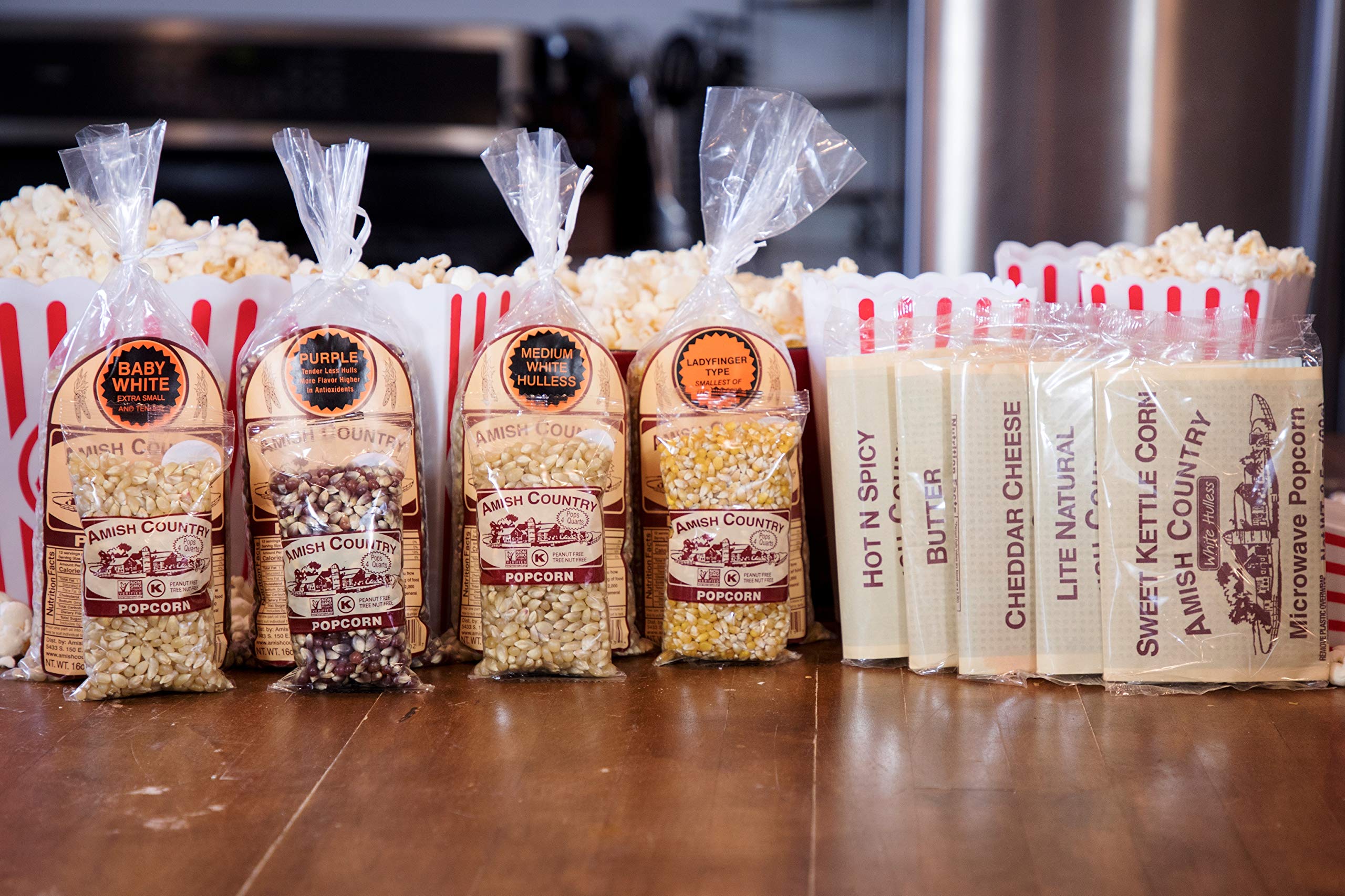Amish Country Popcorn Variety Sampler Pack - 4-4 oz Bags, 4-1 lb Bags & 5 Microwave Popcorn Bags - Baby White, Medium White, Ladyfinger & Purple Popcorn Kernels - Perfect for Movie Nights, Snacking & Family Gatherings