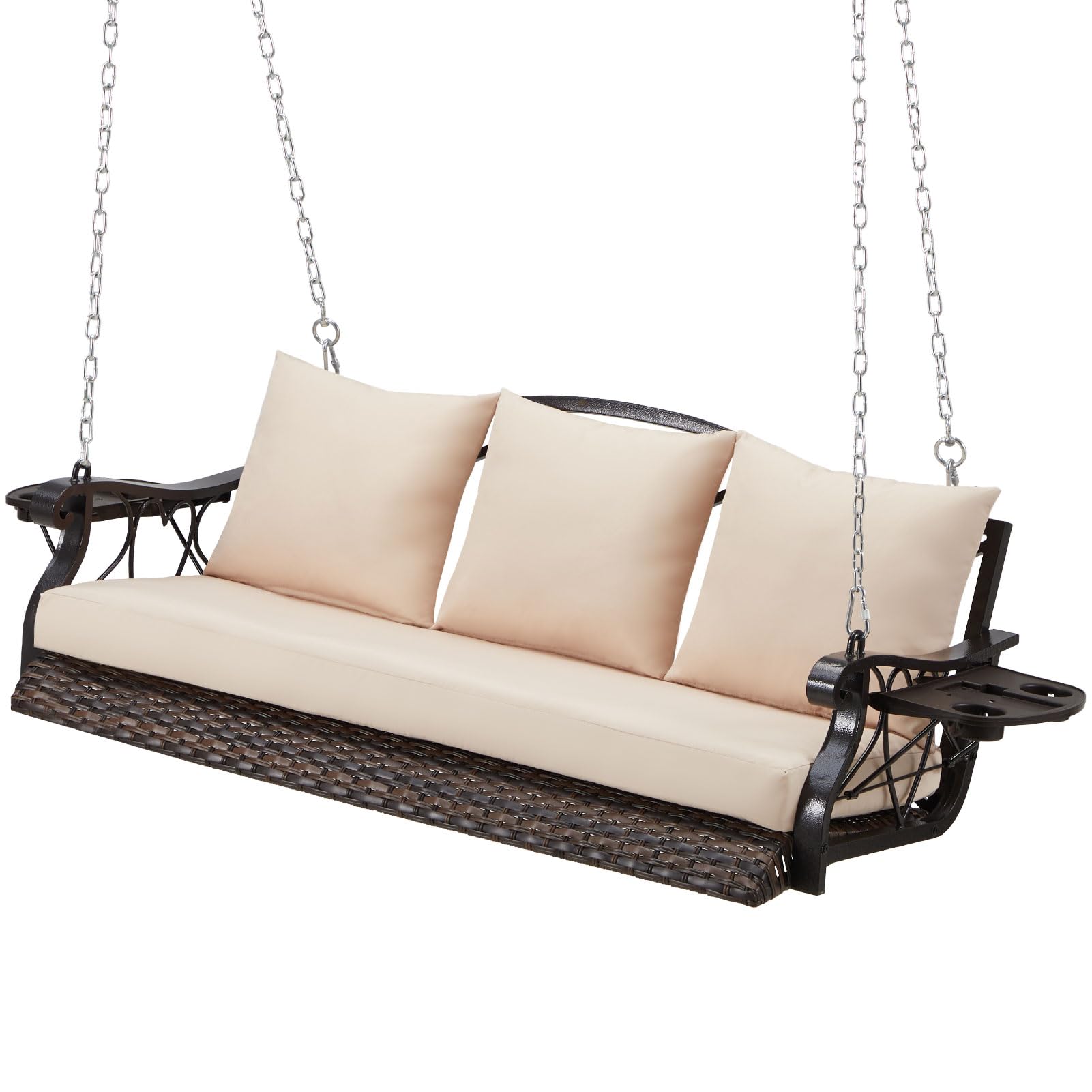 **3-Person Heavy Duty Wicker Porch Swing Chair - 900 LB Capacity, Outdoor Rattan Patio Hanging Bench with Cup Holder & Steel Chains - Perfect for Deck, Backyard, Garden & Relaxation**