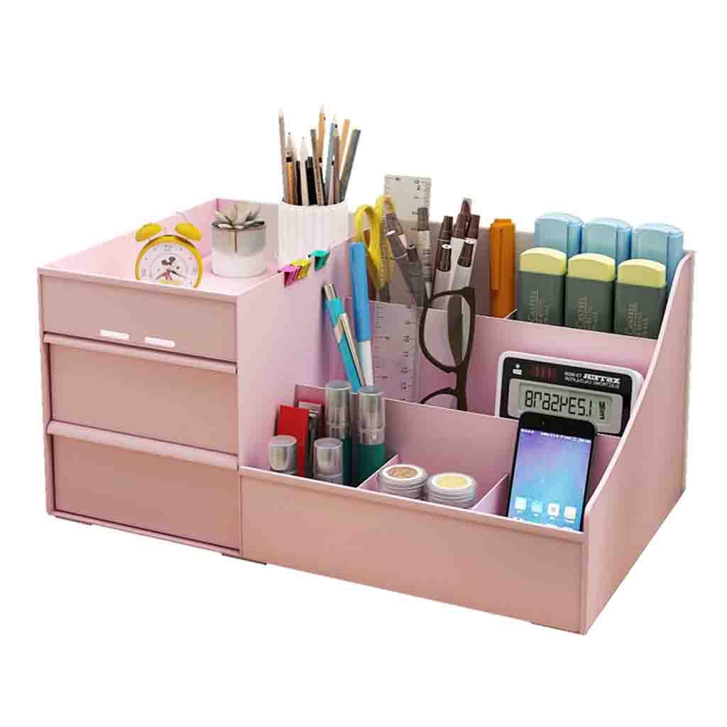 Premium Rectangle Pen Holder with 2 Drawers - Durable Stain-Resistant Office Desk Organizer (35.5x16.5x22.5cm/14x6x9in, Pink) - Perfect for Office, Home Study & School Stationery Storage