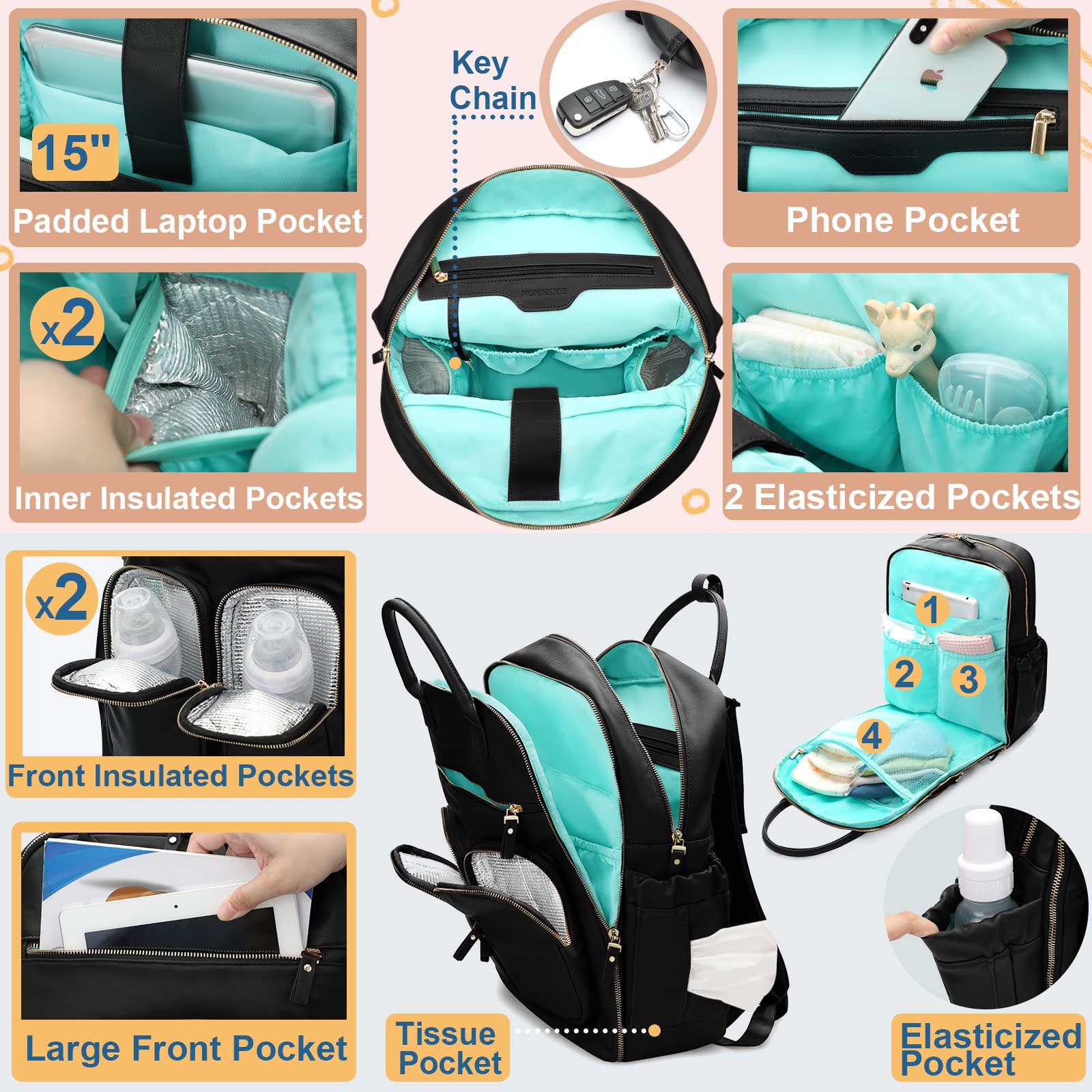 Premium Leather Diaper Backpack for Moms - 18 Pockets Baby Bag with Large Wet Pocket & 4 Insulated Pockets | Travel, Daily Use & Stroller Compatible | Black Waterproof Diaper Bag for Women, Girls & Boys