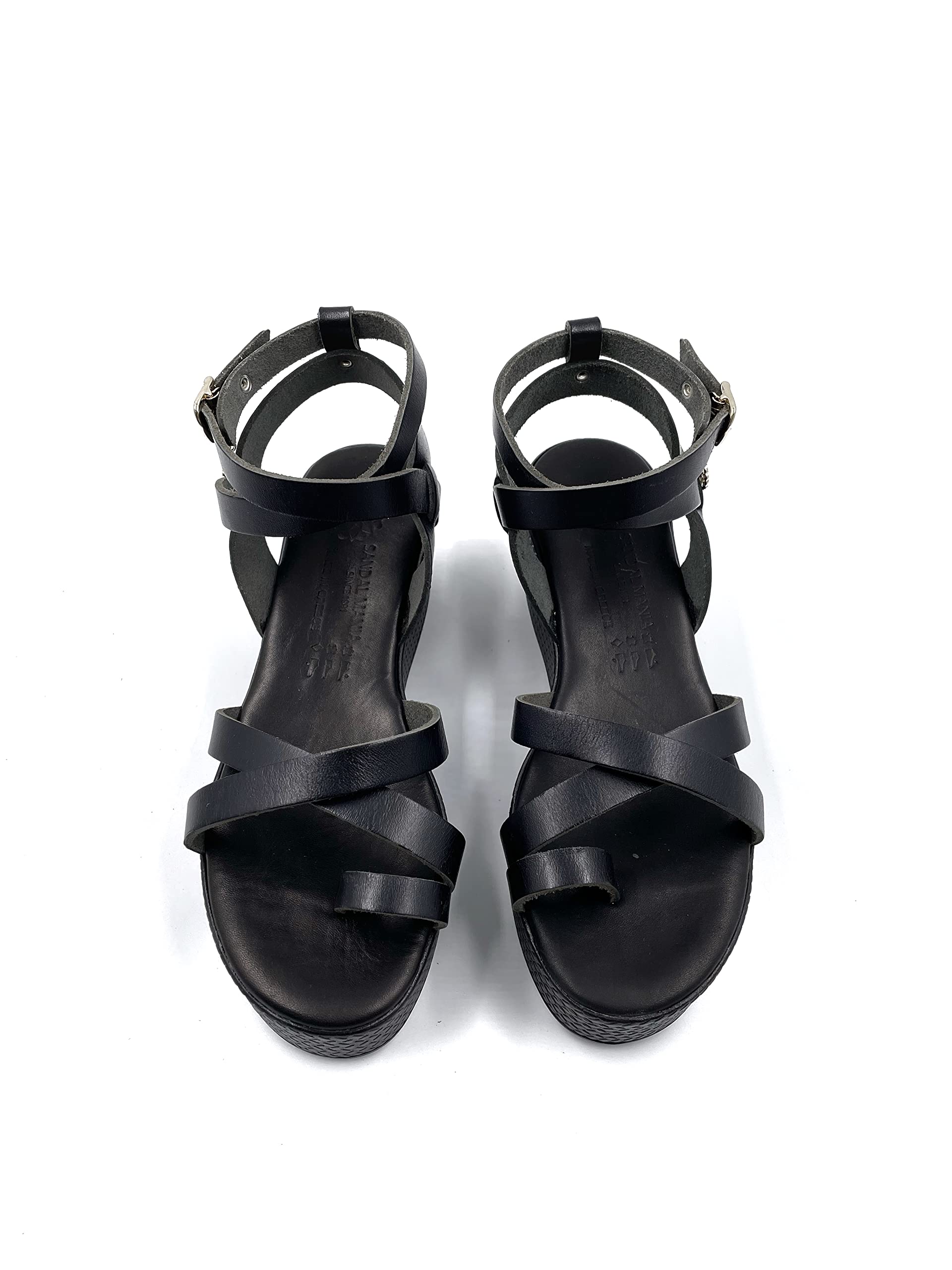 Black Leather Platform Sandals for Women - Genuine Greek Style High Wedge Sandals - Comfortable Summer Fashion Shoes for Casual Outings, Beach Vacations & Date Nights (Size 8)