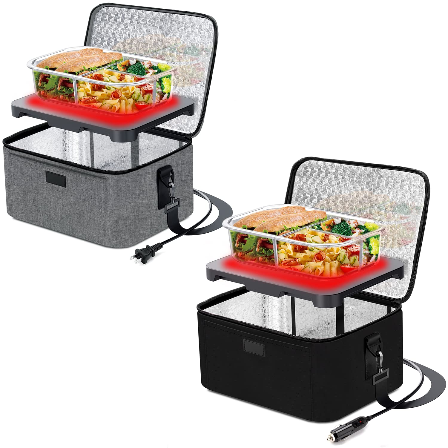 Portable Food Warmer & Mini Oven - 110V Electric Lunch Box for Office & 12V/24V Car Food Heater 2-in-1 Bundle (Grey & Black) | Keep Meals Warm at Work, Commuting & Road Trips