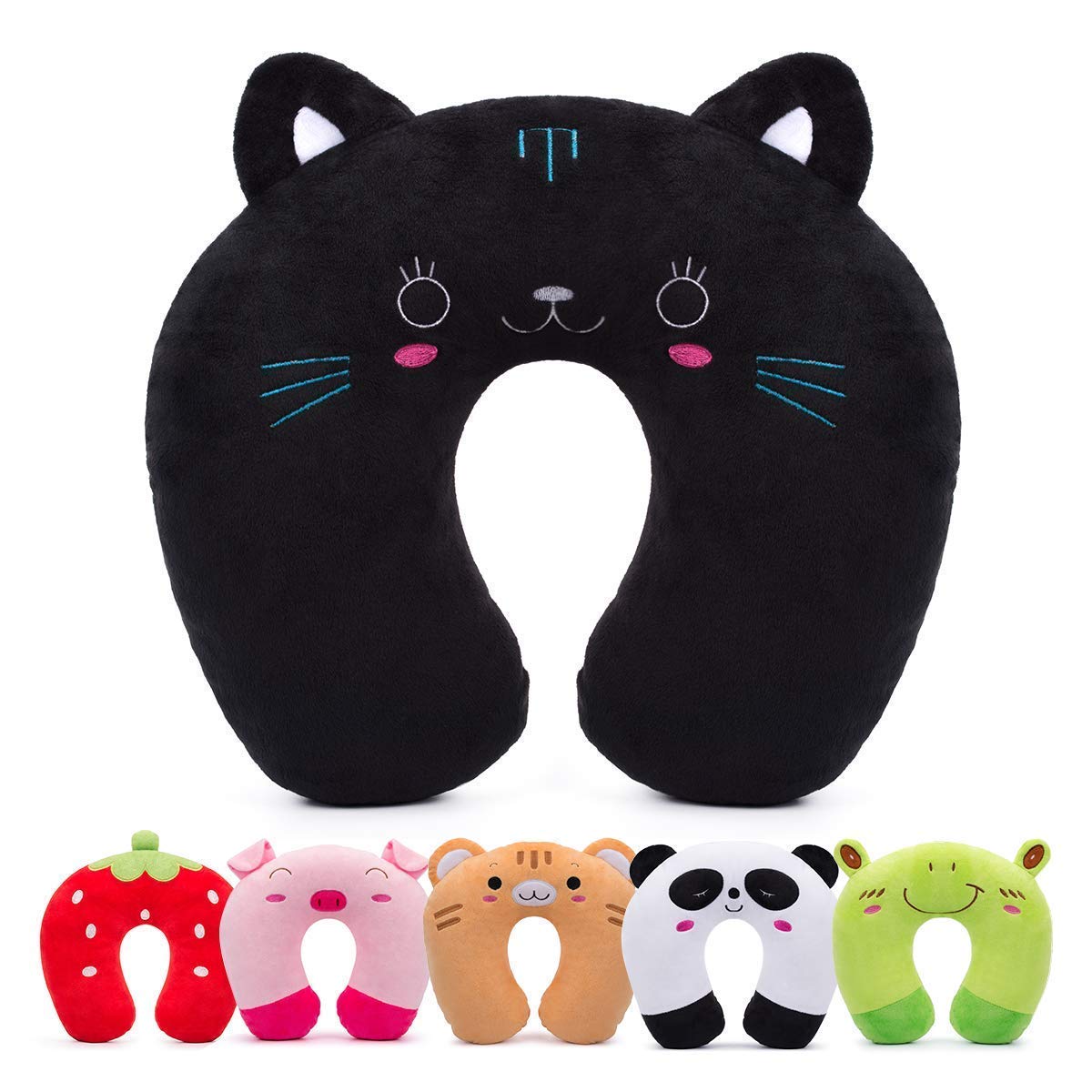 HOMEWINS Kids Travel Pillow - Cute Black Cat Neck Pillow for Boys & Girls | Soft Support for Head, Neck & Chin | Perfect for Airplane, Car & Train Travel | Ideal for Long Trips & Nap Time