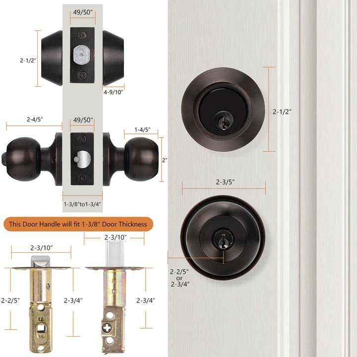 Probrico 4-Pack Oil Rubbed Bronze Entry Door Knob Sets with Double Cylinder Deadbolts - Keyed Alike Handlesets for Front Doors, Interior & Exterior Doors - Durable Contractor Pack for Home Security & Easy Access